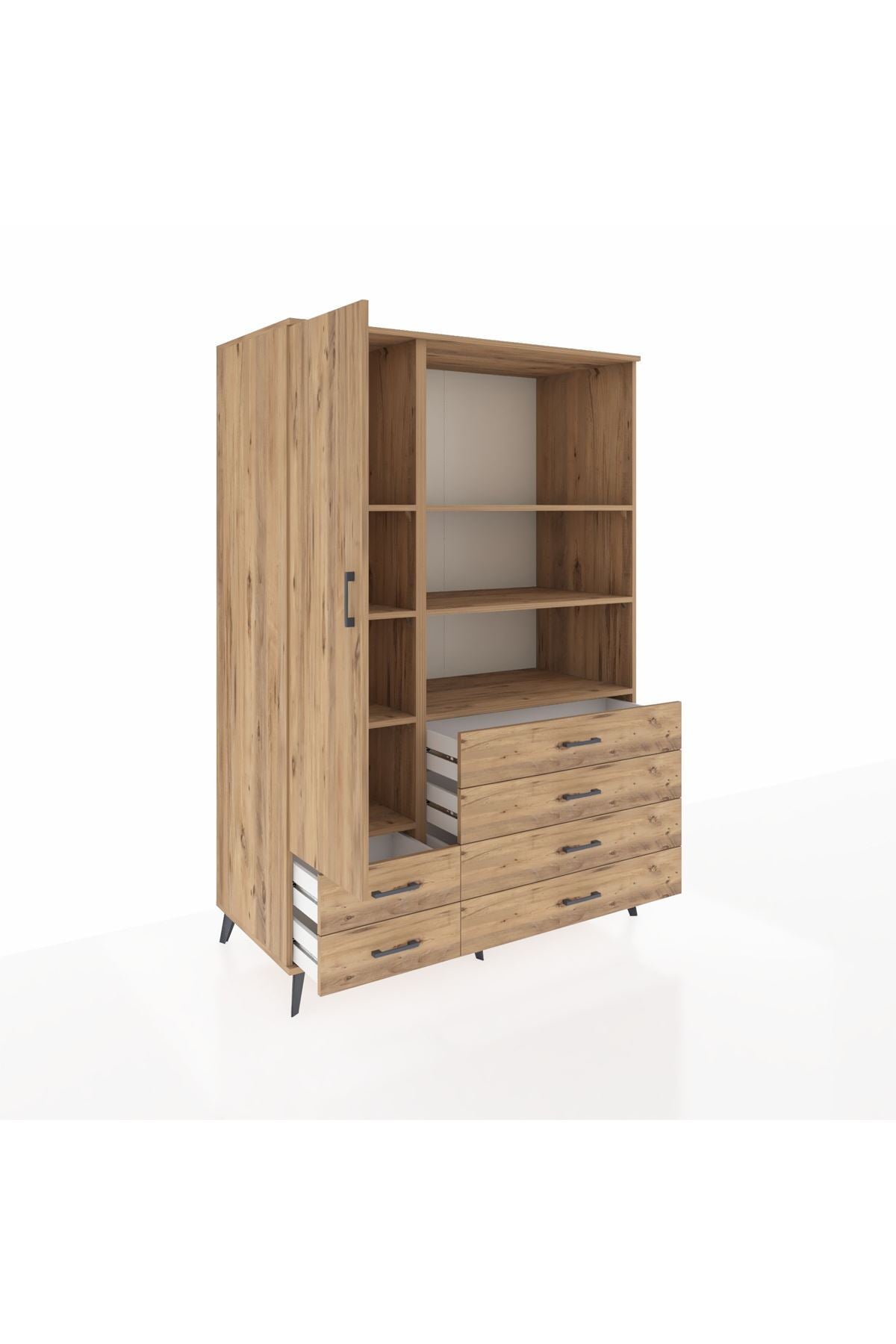 Kronos Dolap 7 Raflı 6 Çekmeceli Tek Kapaklı 132x59x195 Çam-Çam/Çam