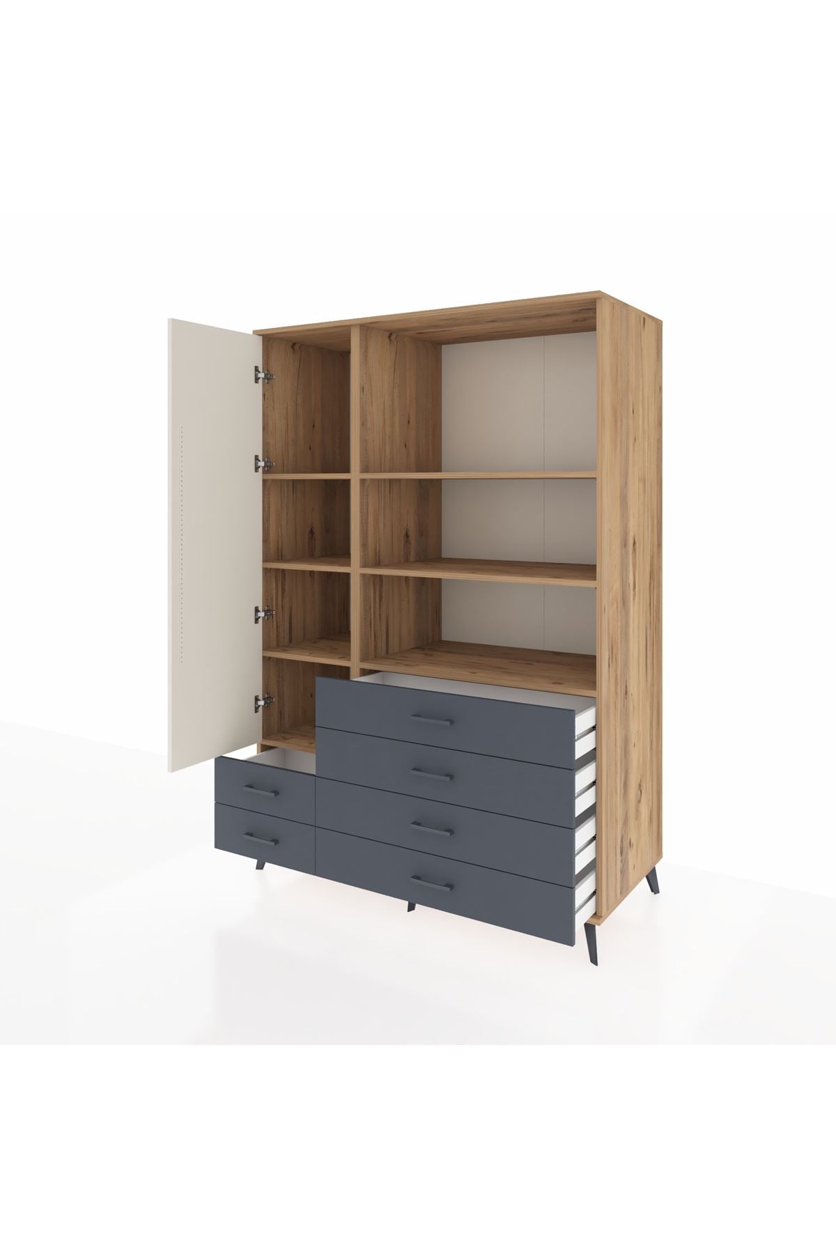 Kronos Dolap 7 Raflı 6 Çekmeceli Tek Kapaklı 132x59x195 Çam-Aytaşı/Antrasit