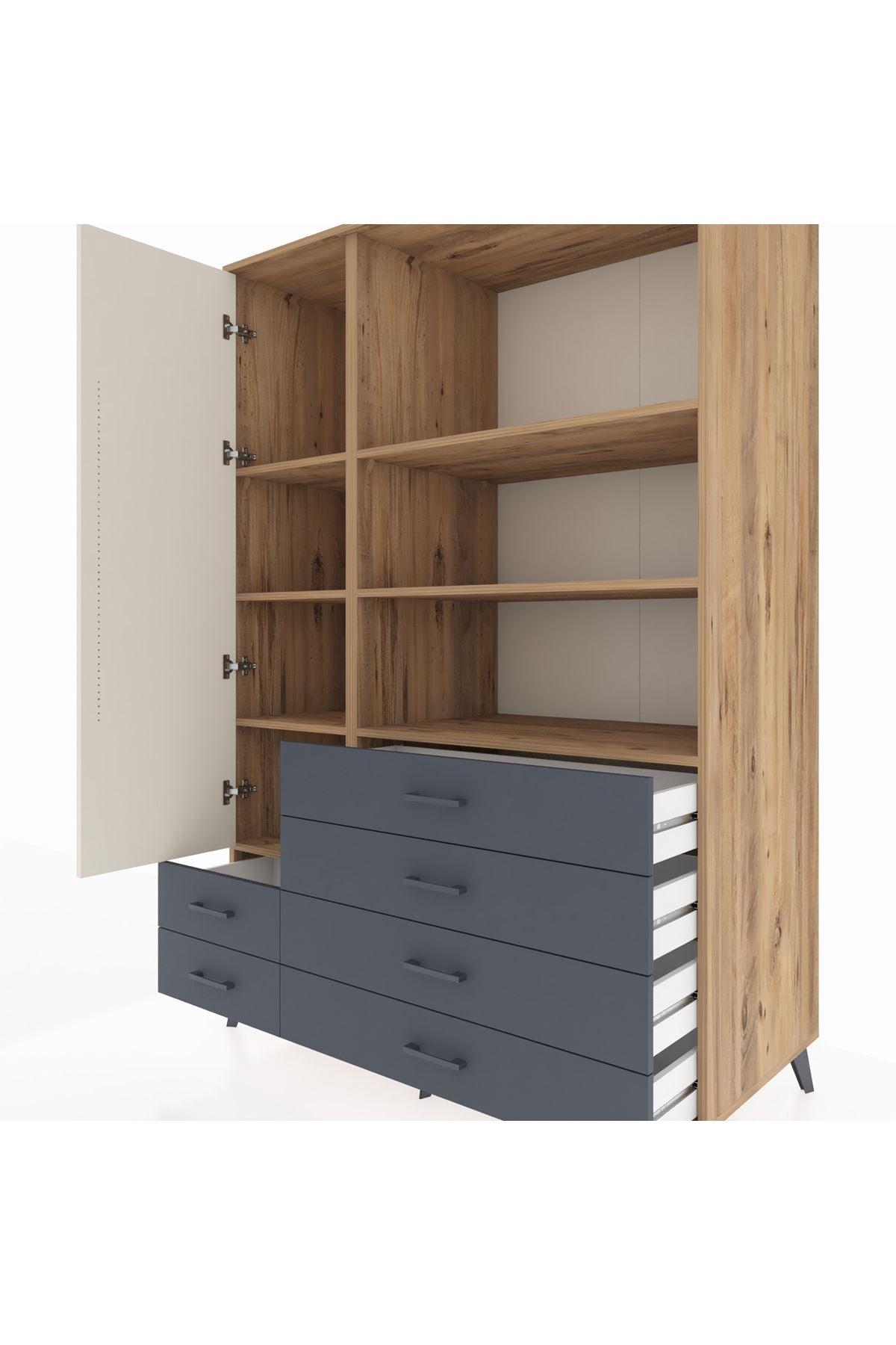 Kronos Dolap 7 Raflı 6 Çekmeceli Tek Kapaklı 132x59x195 Çam-Aytaşı/Antrasit