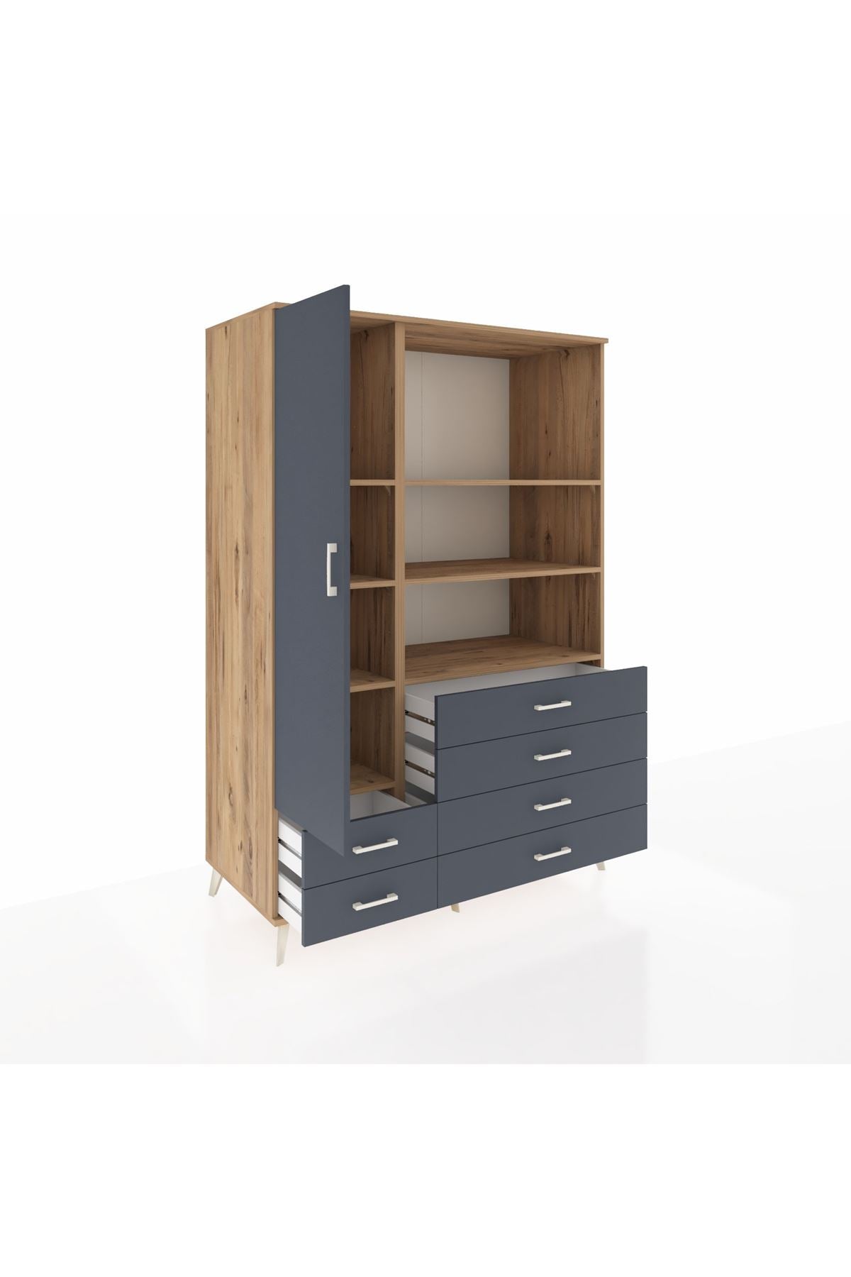 Kronos Dolap 7 Raflı 6 Çekmeceli Tek Kapaklı 132x59x195 Çam-Antrasit/Antrasit