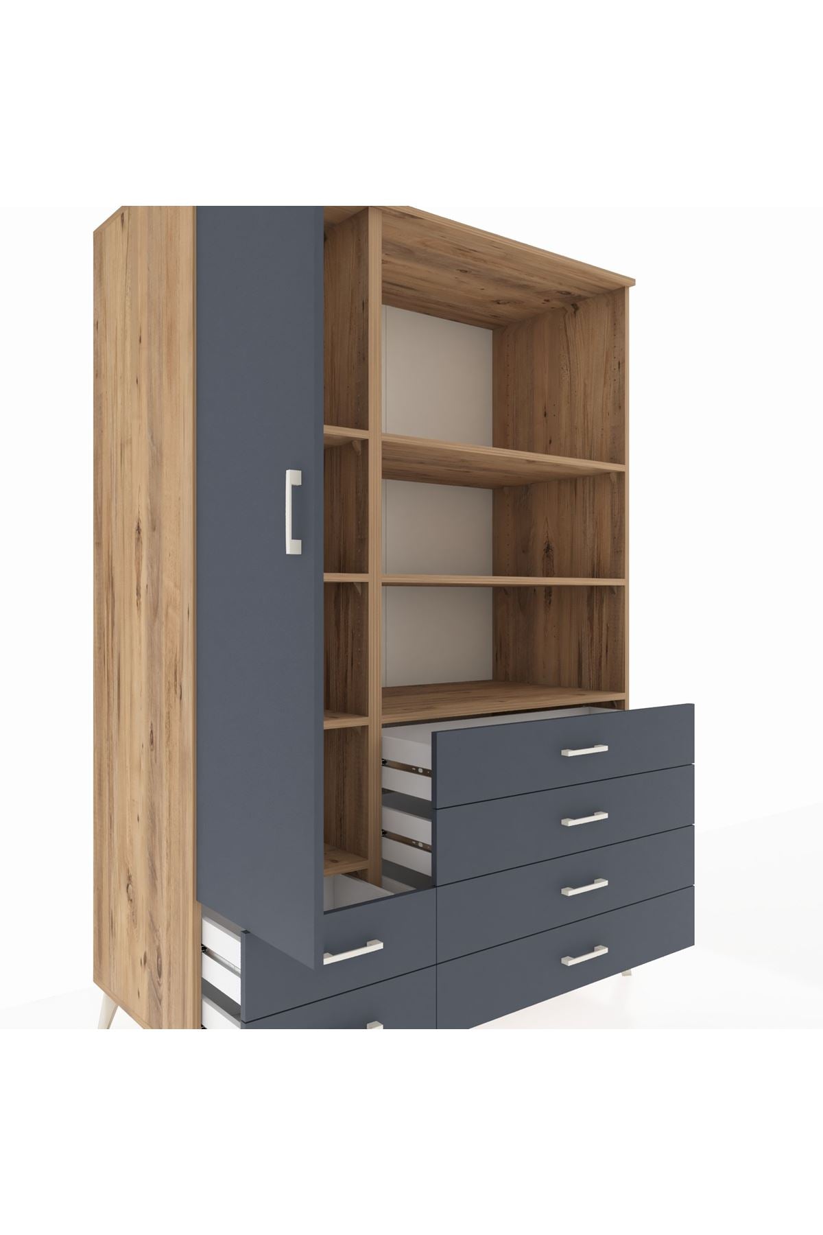 Kronos Dolap 7 Raflı 6 Çekmeceli Tek Kapaklı 132x59x195 Çam-Antrasit/Antrasit