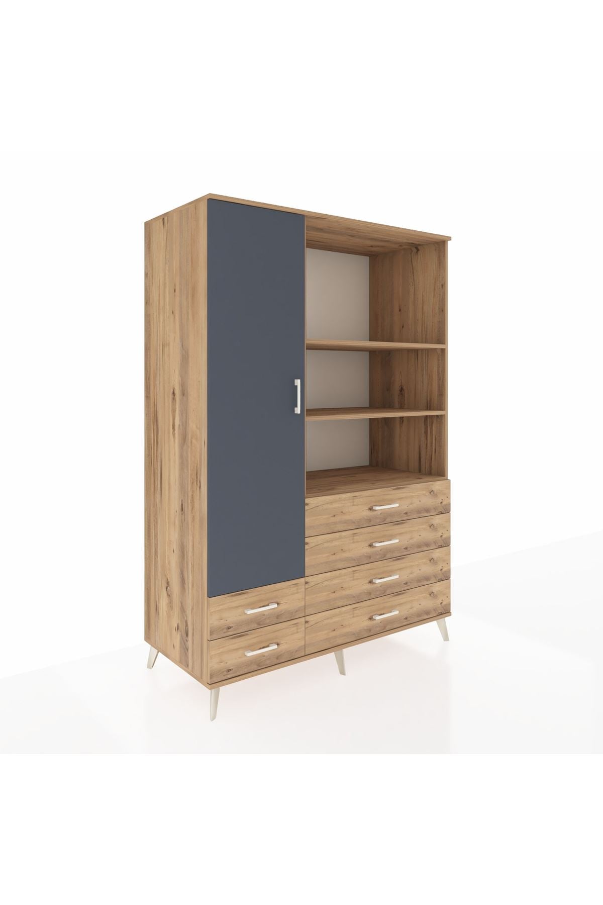 Kronos Dolap 7 Raflı 6 Çekmeceli Tek Kapaklı 132x59x195 Çam-Antrasit/Çam