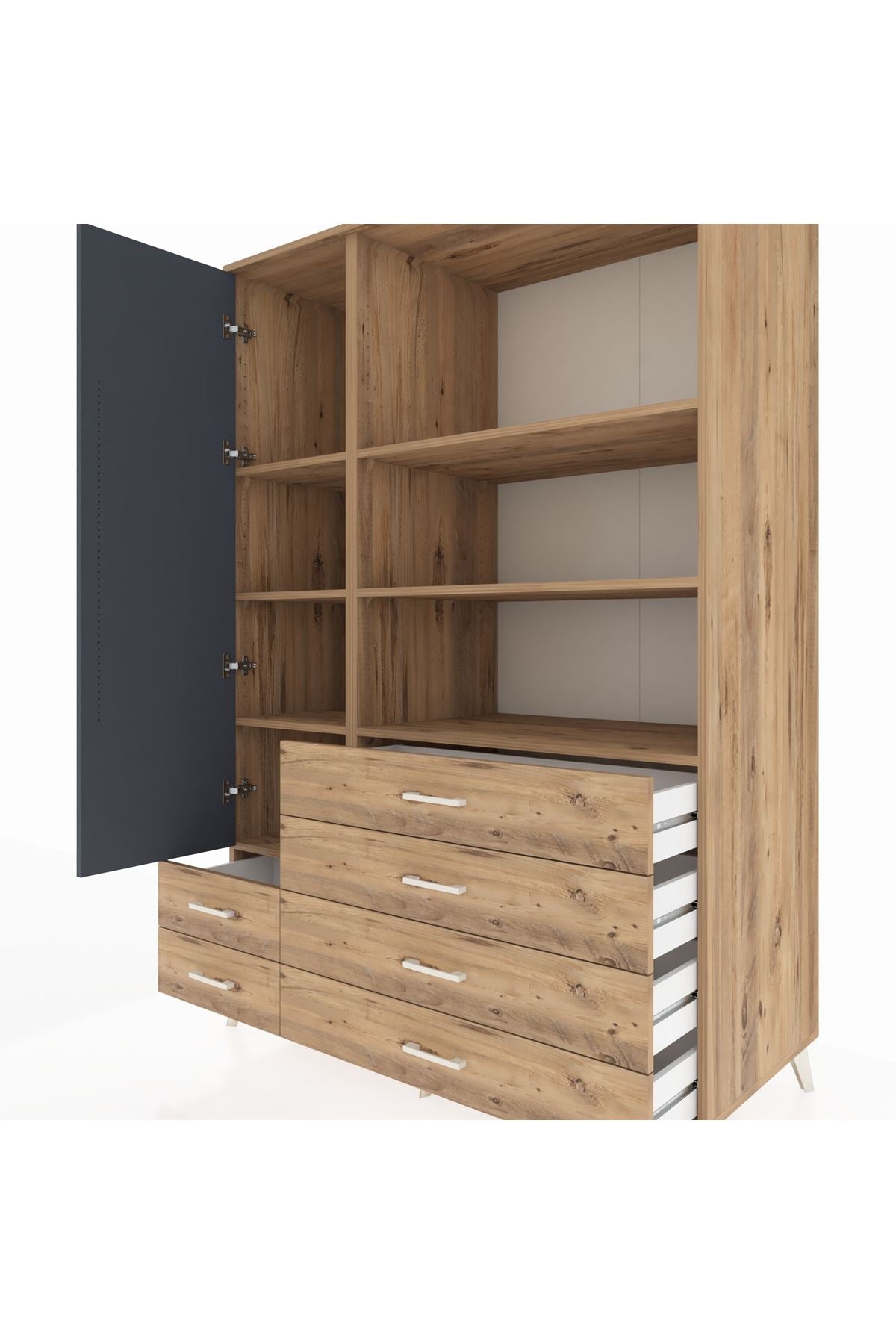 Kronos Dolap 7 Raflı 6 Çekmeceli Tek Kapaklı 132x59x195 Çam-Antrasit/Çam