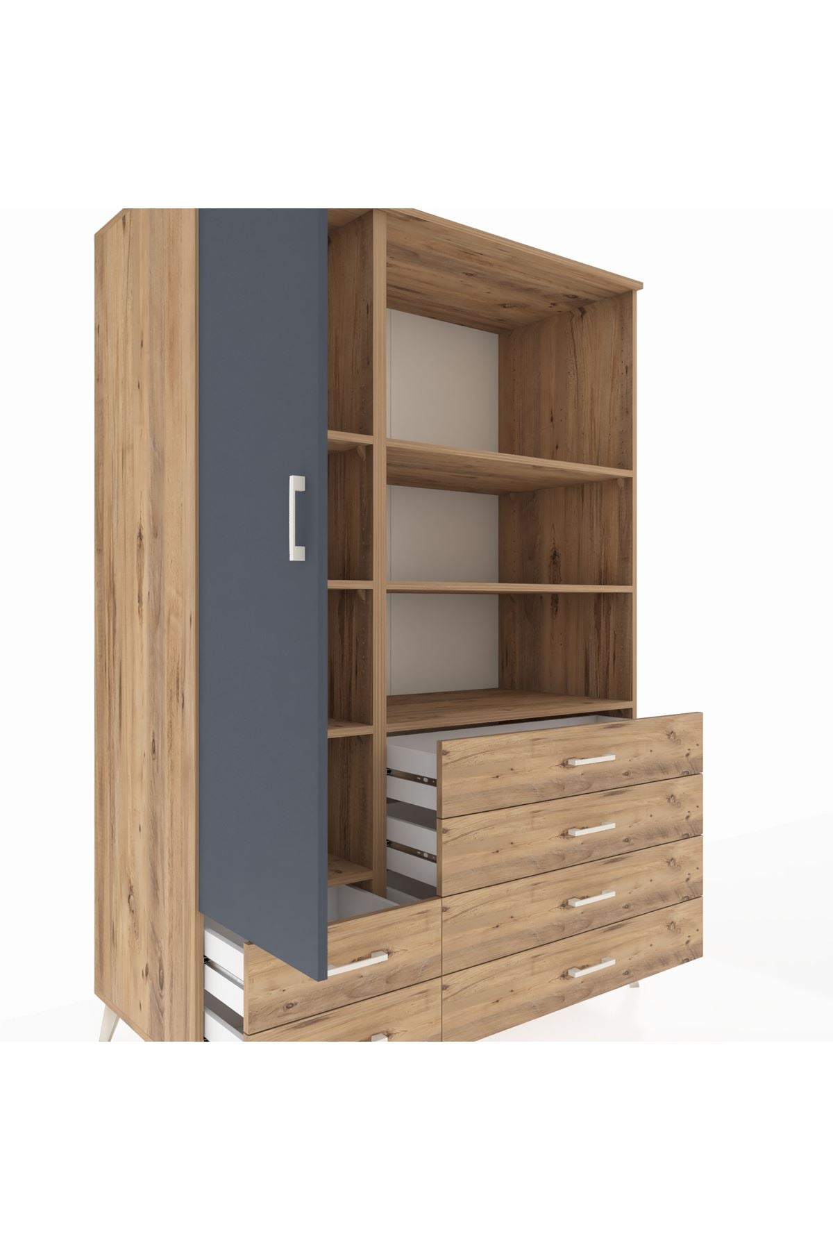 Kronos Dolap 7 Raflı 6 Çekmeceli Tek Kapaklı 132x59x195 Çam-Antrasit/Çam