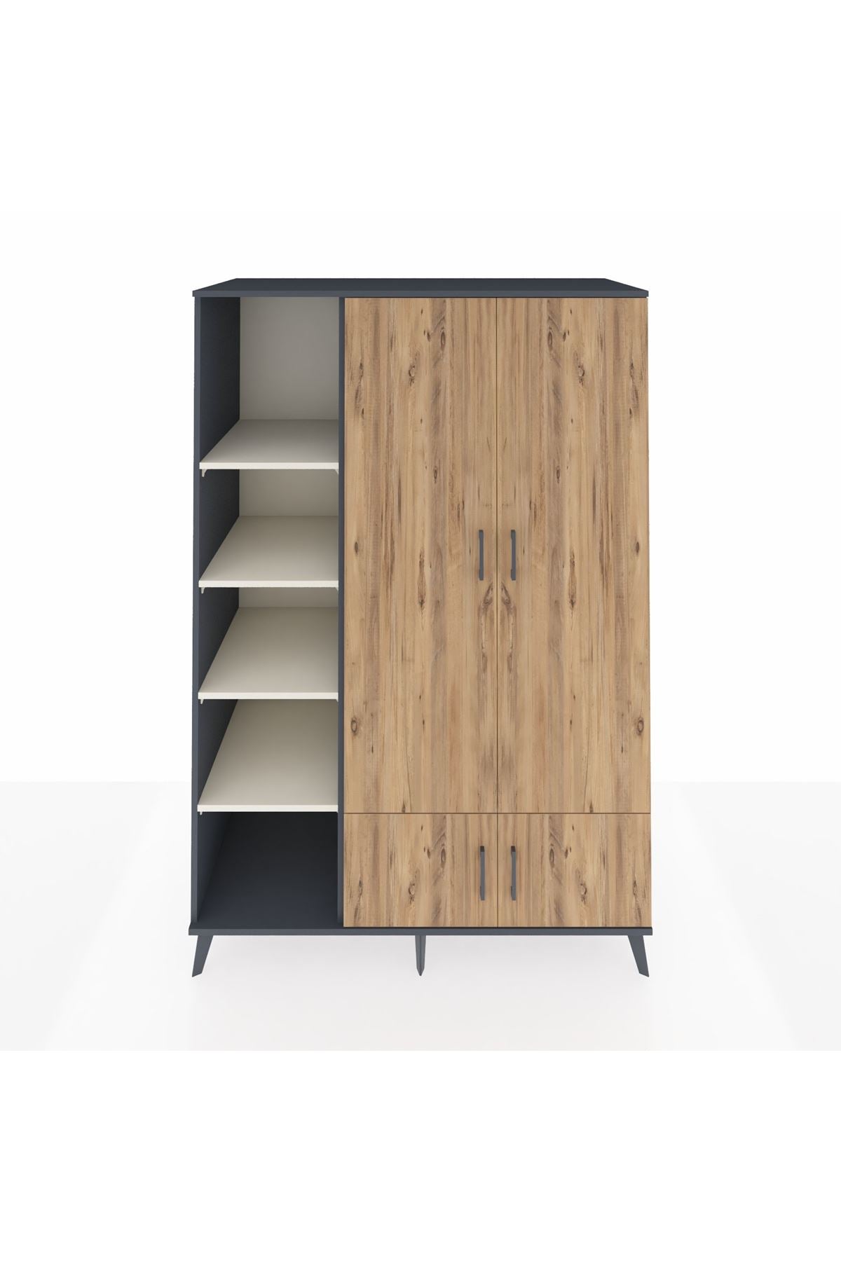 Kronos Dolap 6 Raflı 4 Kapaklı Tek Askılı 132x59x195 Antrasit-Çam/Aytaşı