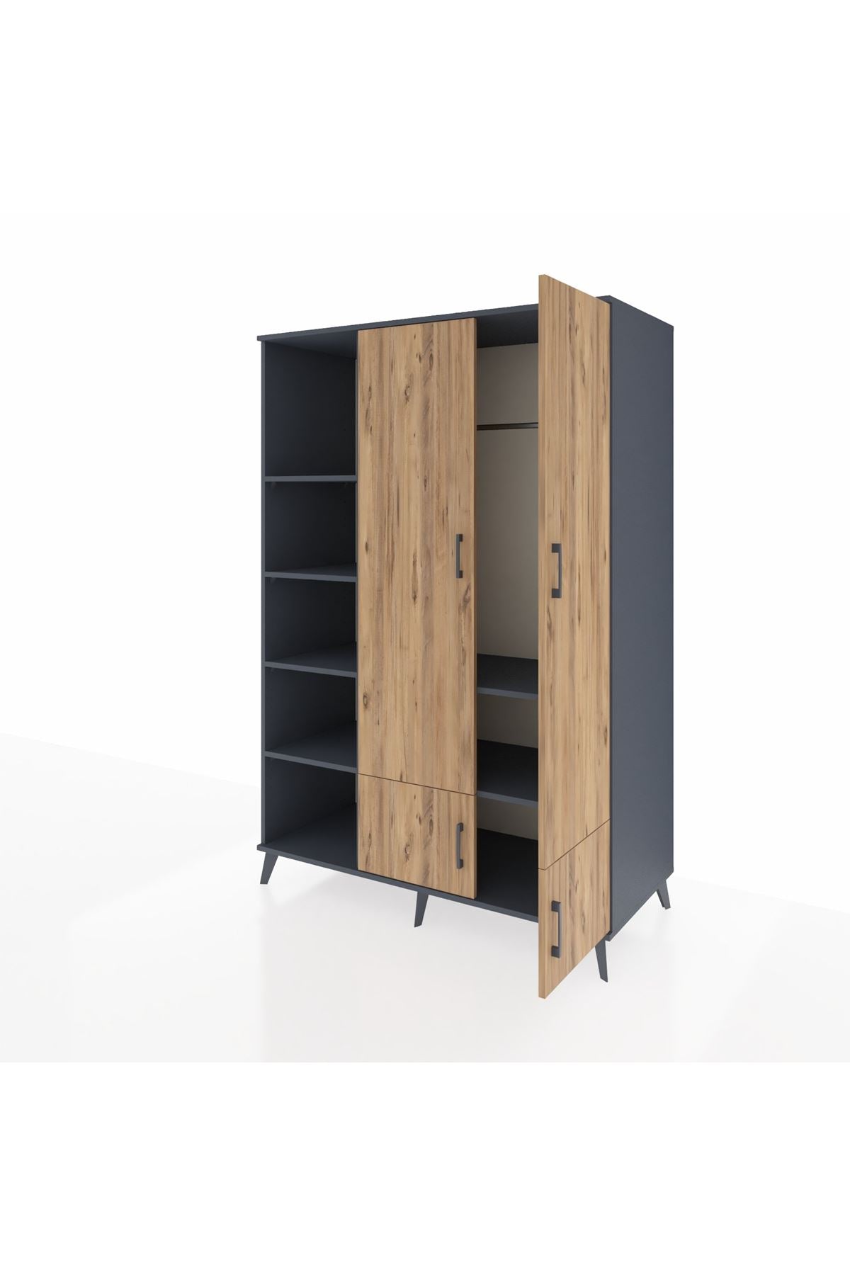 Kronos Dolap 6 Raflı 4 Kapaklı Tek Askılı 132x59x195 Antrasit-Çam/Antrasit