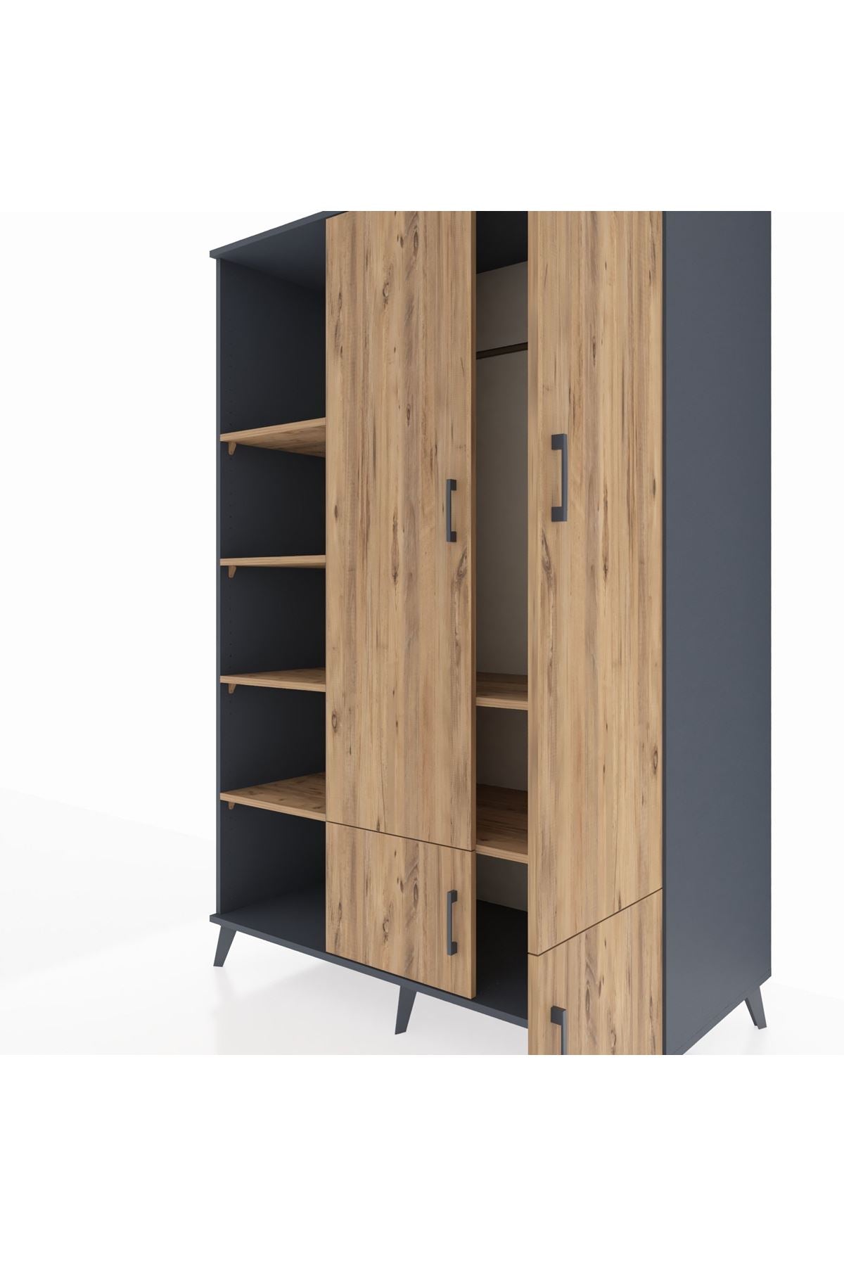 Kronos Dolap 6 Raflı 4 Kapaklı Tek Askılı 132x59x195 Antrasit-Çam/Çam