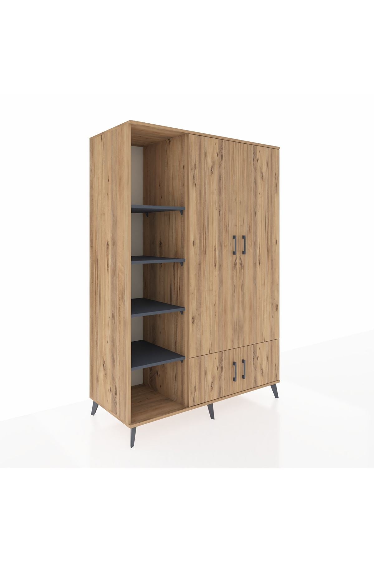 Kronos Dolap 6 Raflı 4 Kapaklı Tek Askılı 132x59x195 Çam-Çam/Antrasit