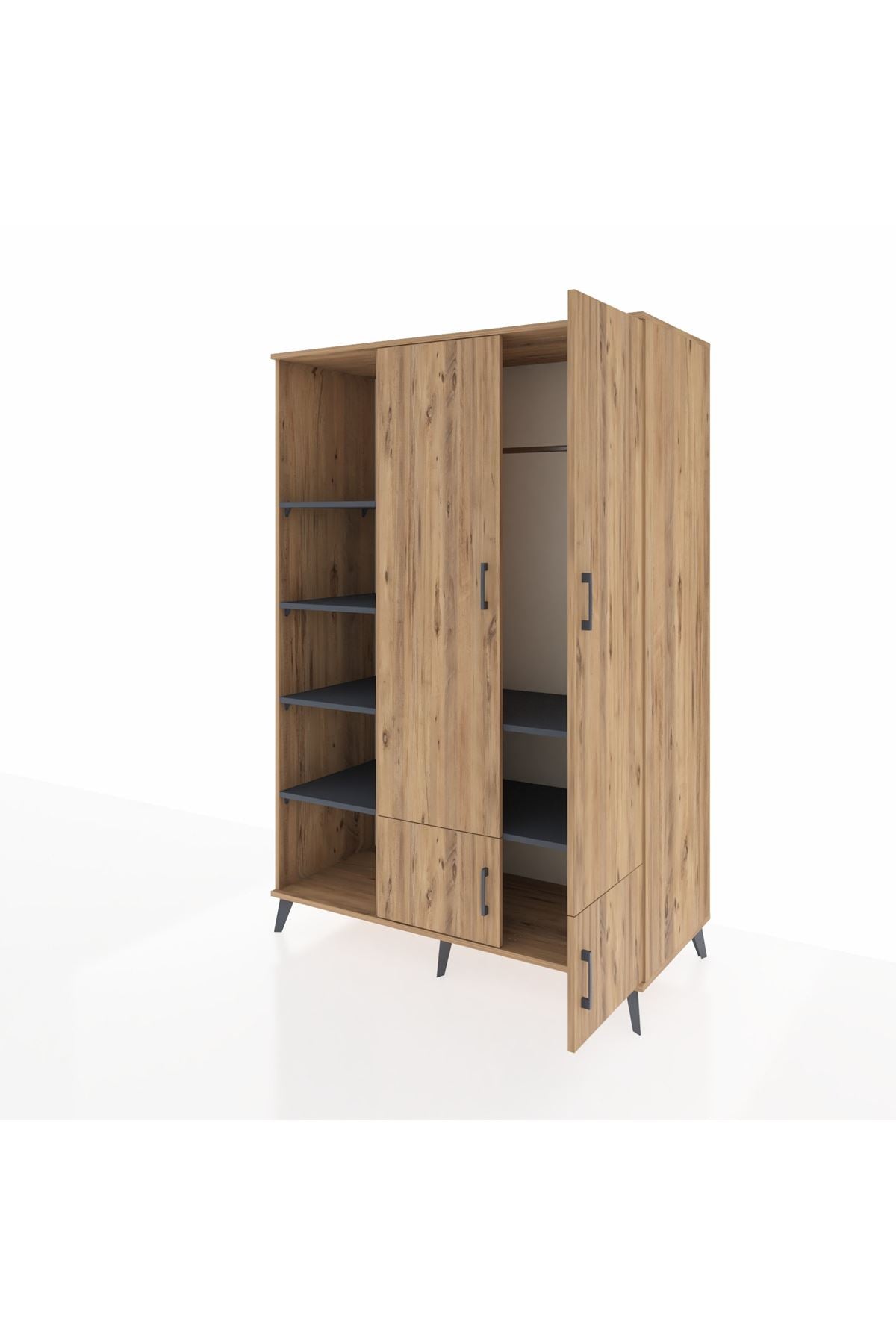 Kronos Dolap 6 Raflı 4 Kapaklı Tek Askılı 132x59x195 Çam-Çam/Antrasit