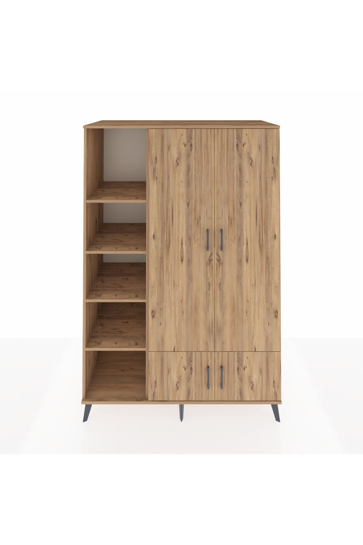 Kronos Dolap 6 Raflı 4 Kapaklı Tek Askılı 132x59x195 Çam-Çam/Çam