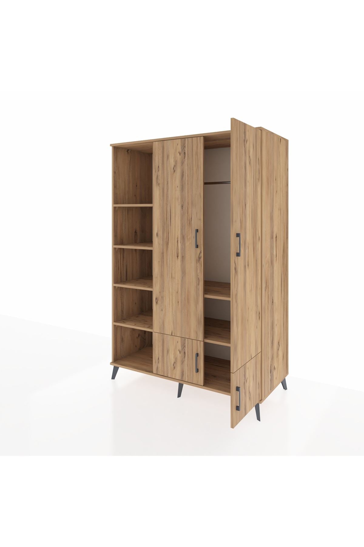 Kronos Dolap 6 Raflı 4 Kapaklı Tek Askılı 132x59x195 Çam-Çam/Çam