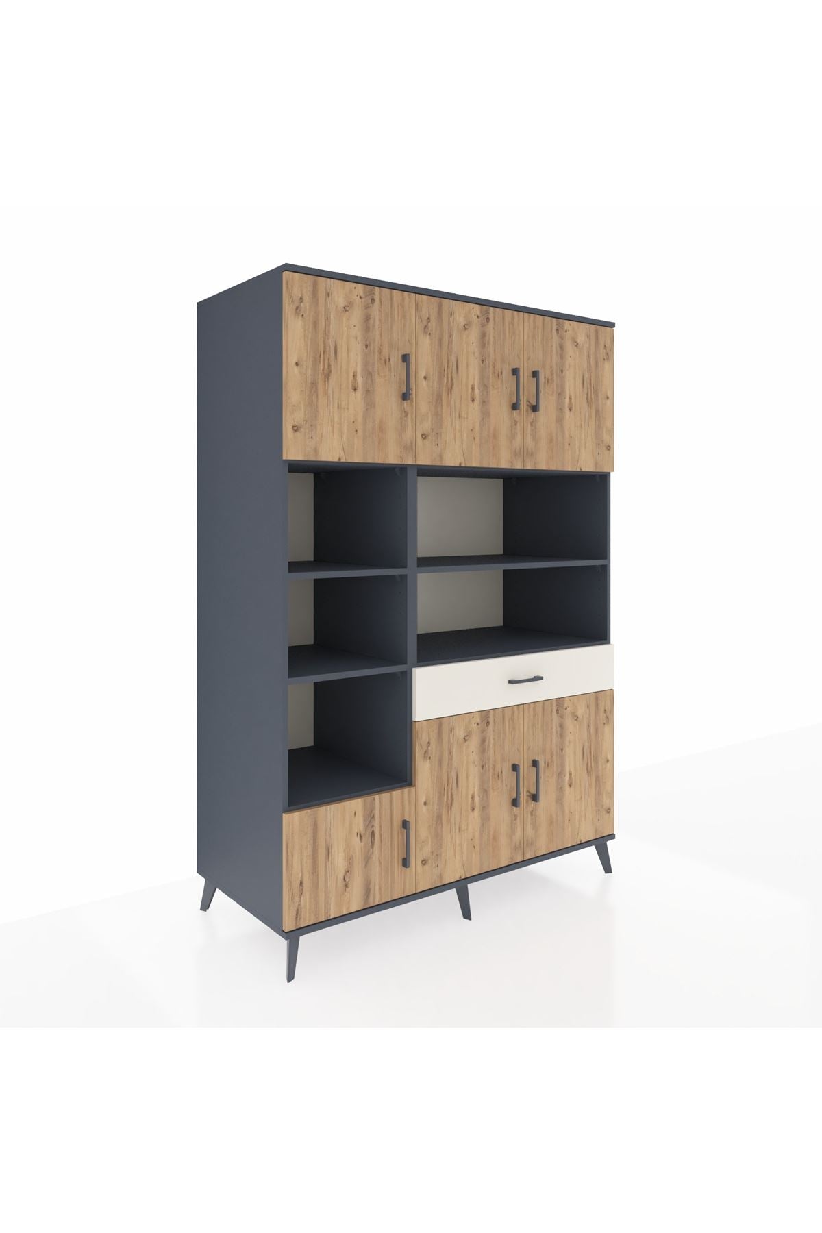 Kronos Dolap 10 Raflı Tek Çekmeceli 6 Kapaklı 132x59x195 Antrasit-Çam/Aytaşı