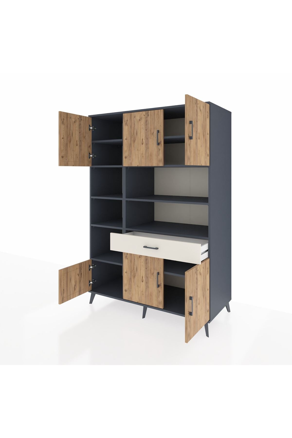 Kronos Dolap 10 Raflı Tek Çekmeceli 6 Kapaklı 132x59x195 Antrasit-Çam/Aytaşı