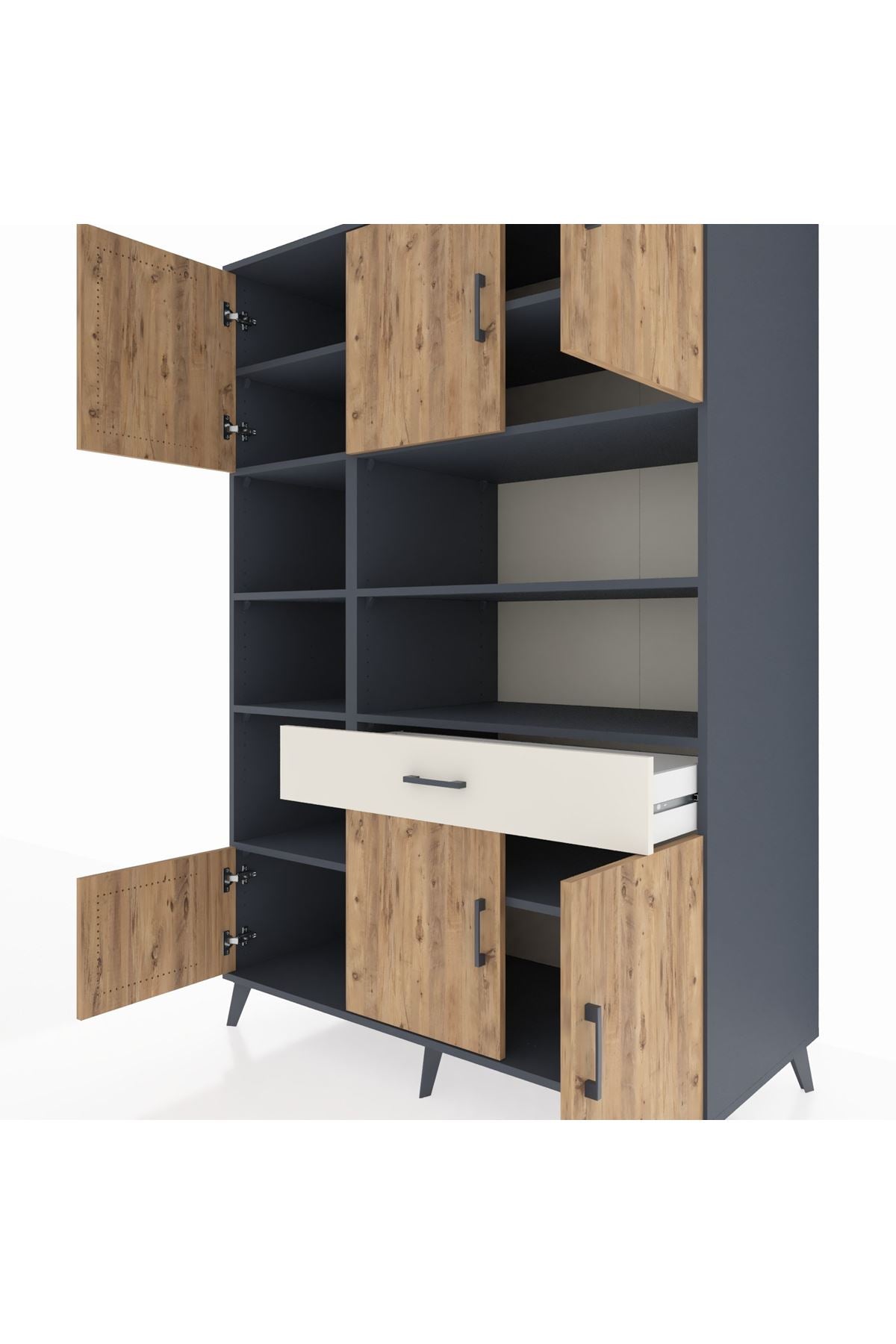 Kronos Dolap 10 Raflı Tek Çekmeceli 6 Kapaklı 132x59x195 Antrasit-Çam/Aytaşı