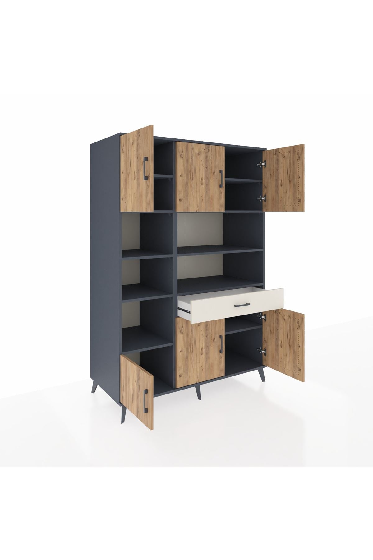 Kronos Dolap 10 Raflı Tek Çekmeceli 6 Kapaklı 132x59x195 Antrasit-Çam/Aytaşı