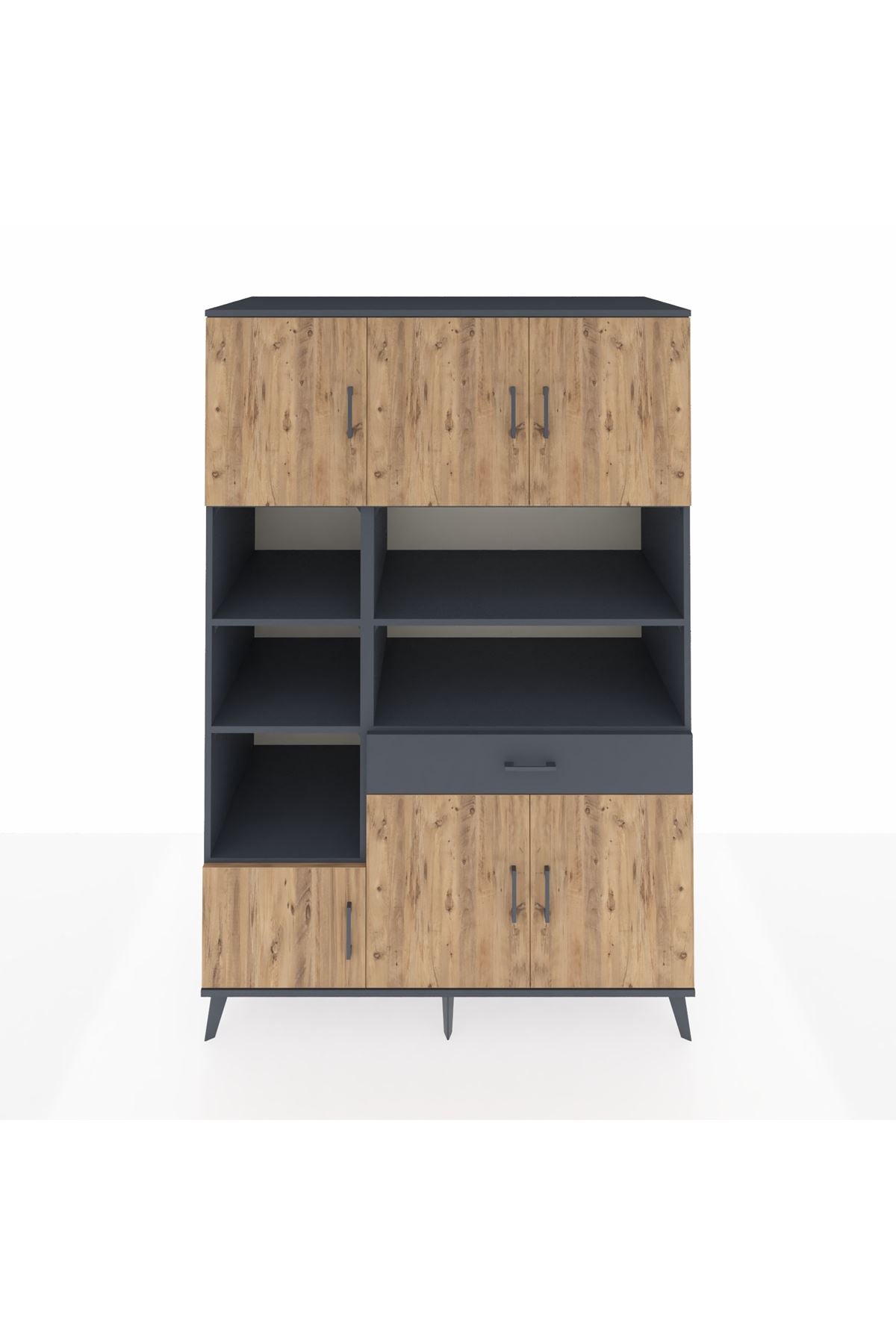 Kronos Dolap 10 Raflı Tek Çekmeceli 6 Kapaklı 132x59x195 Antrasit-Çam/Antrasit