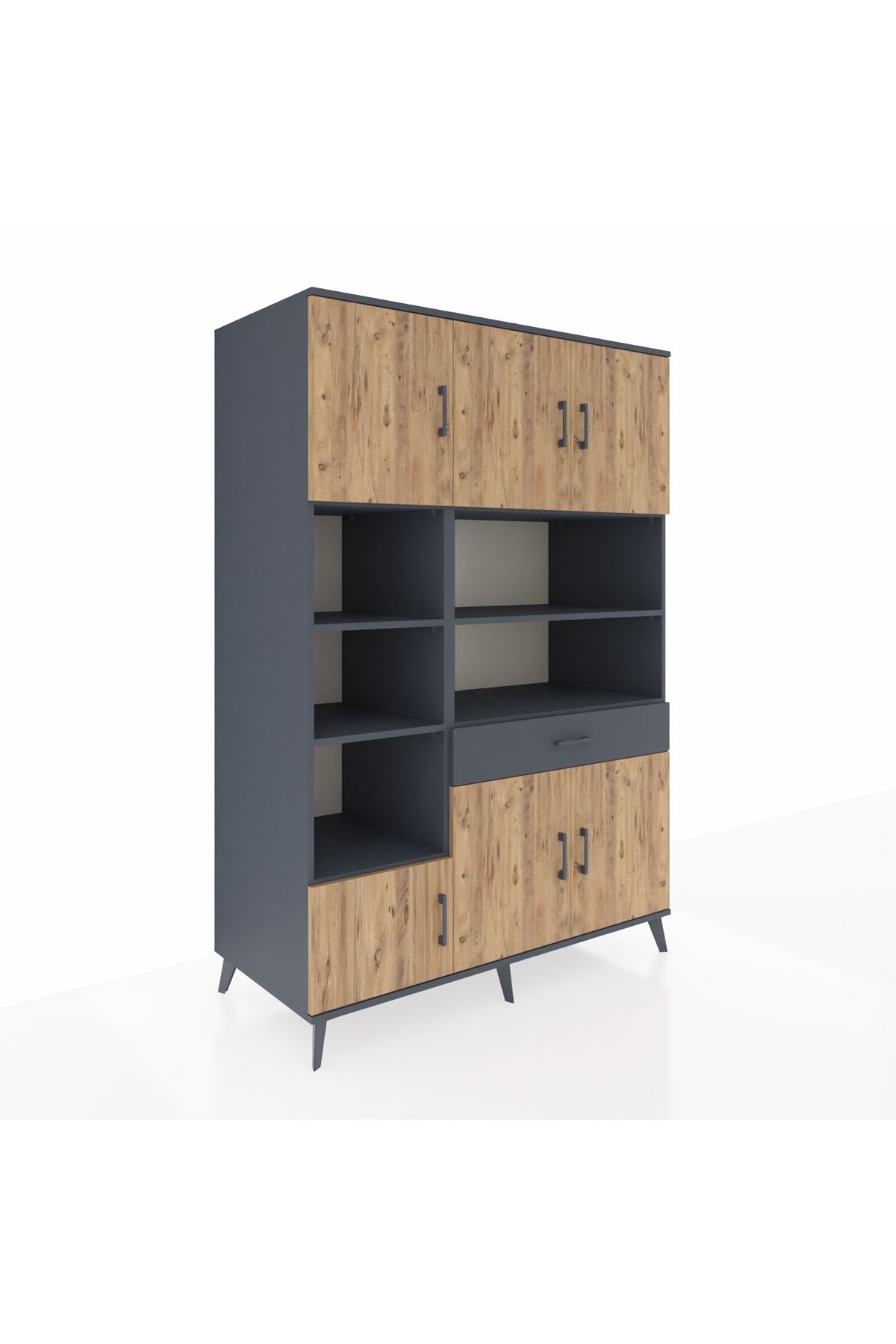 Kronos Dolap 10 Raflı Tek Çekmeceli 6 Kapaklı 132x59x195 Antrasit-Çam/Antrasit