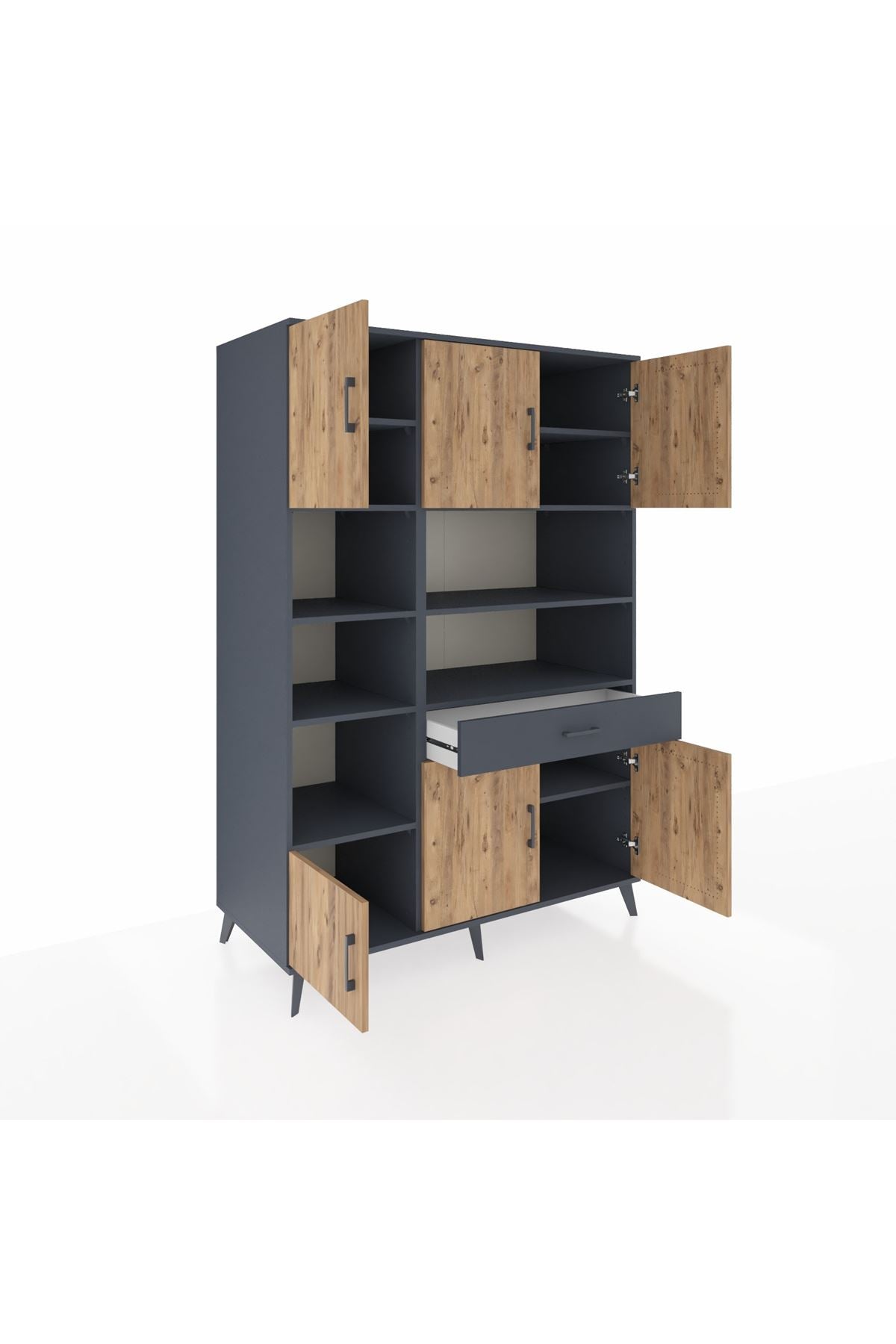 Kronos Dolap 10 Raflı Tek Çekmeceli 6 Kapaklı 132x59x195 Antrasit-Çam/Antrasit