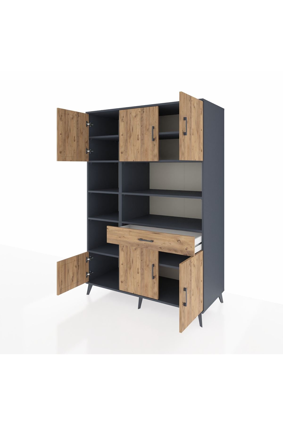 Kronos Dolap 10 Raflı Tek Çekmeceli 6 Kapaklı 132x59x195 Antrasit-Çam/Çam