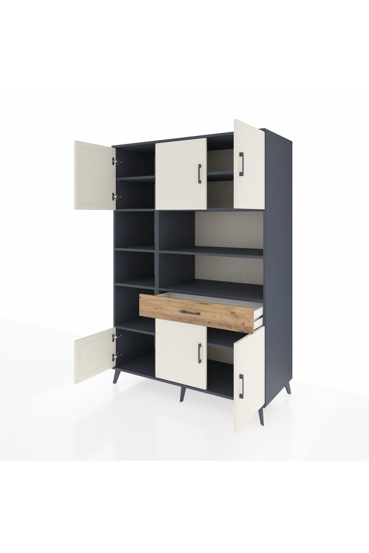 Kronos Dolap 10 Raflı Tek Çekmeceli 6 Kapaklı 132x59x195 Antrasit-Aytaşı/Çam