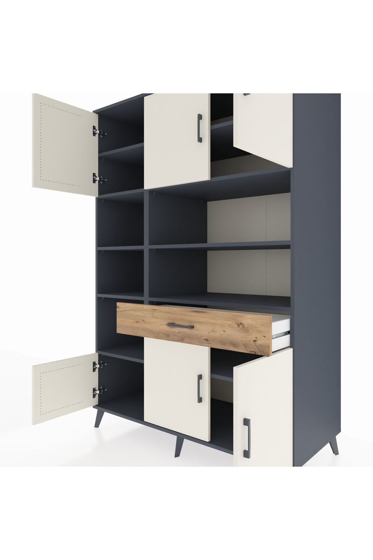 Kronos Dolap 10 Raflı Tek Çekmeceli 6 Kapaklı 132x59x195 Antrasit-Aytaşı/Çam