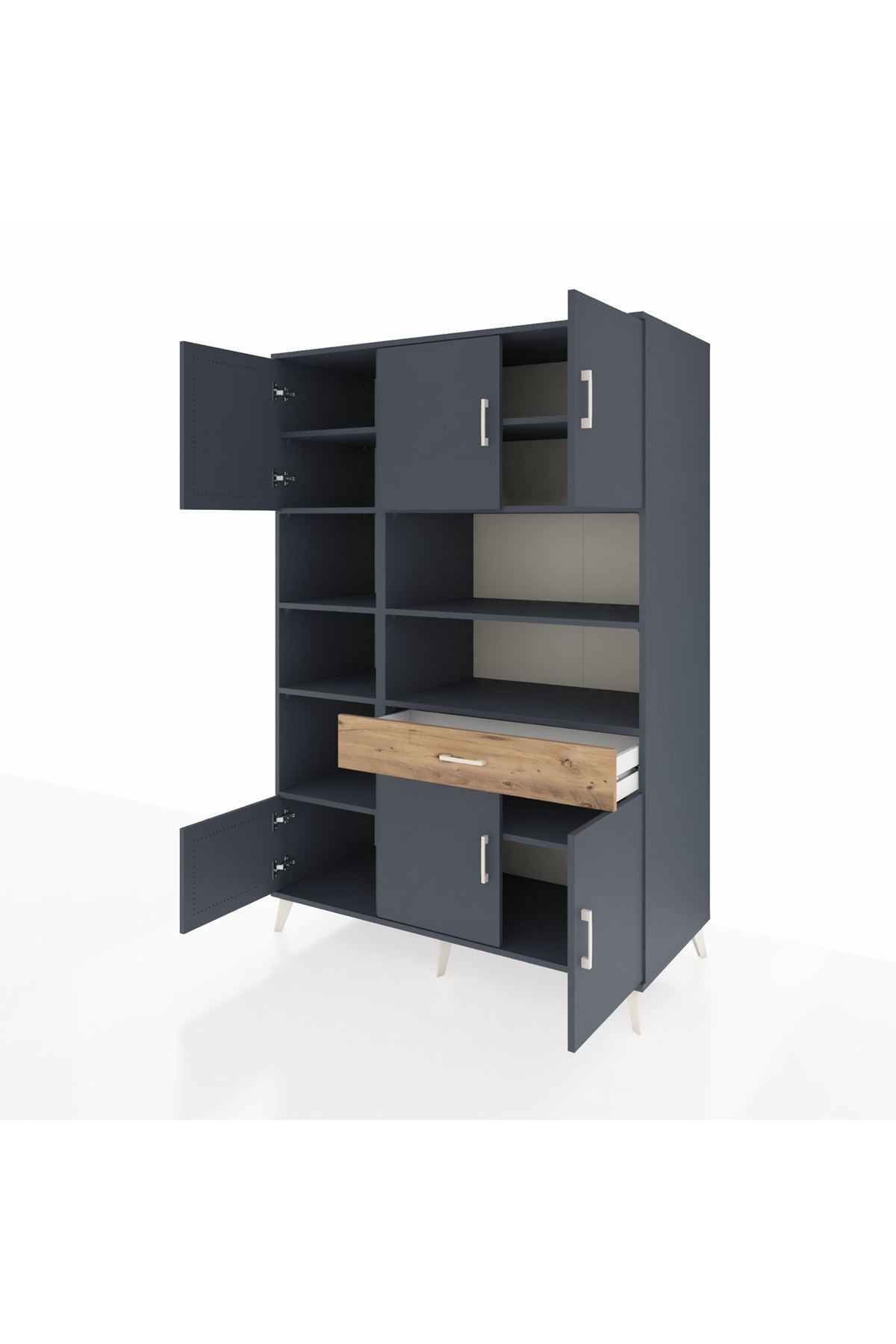 Kronos Dolap 10 Raflı Tek Çekmeceli 6 Kapaklı 132x59x195 Antrasit-Antrasit/Çam