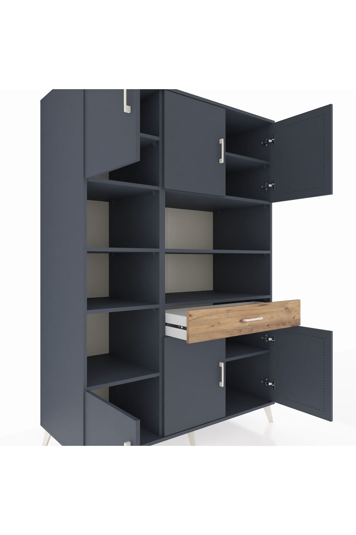 Kronos Dolap 10 Raflı Tek Çekmeceli 6 Kapaklı 132x59x195 Antrasit-Antrasit/Çam