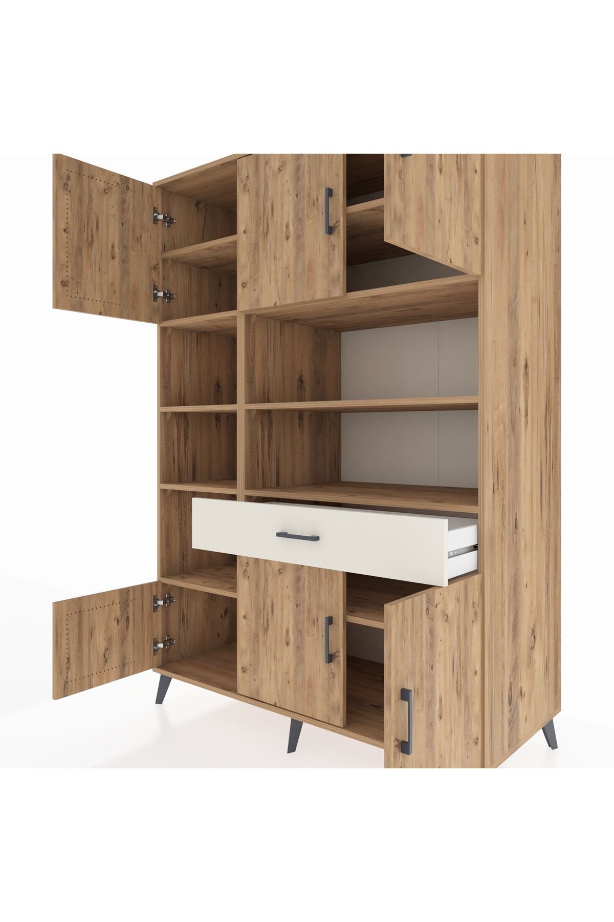 Kronos Dolap 10 Raflı Tek Çekmeceli 6 Kapaklı 132x59x195 Çam-Çam/Aytaşı