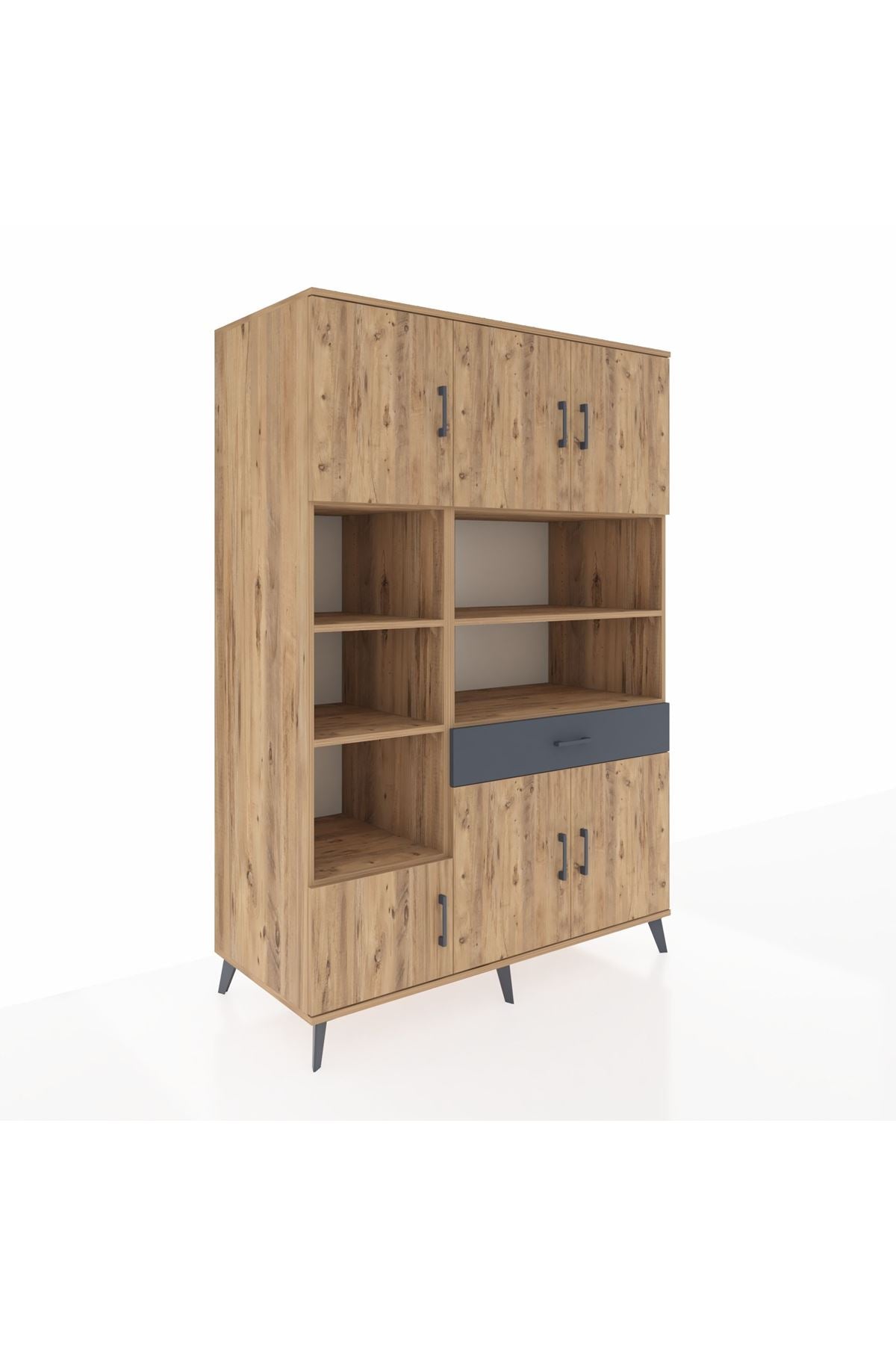 Kronos Dolap 10 Raflı Tek Çekmeceli 6 Kapaklı 132x59x195 Çam-Çam/Antrasit