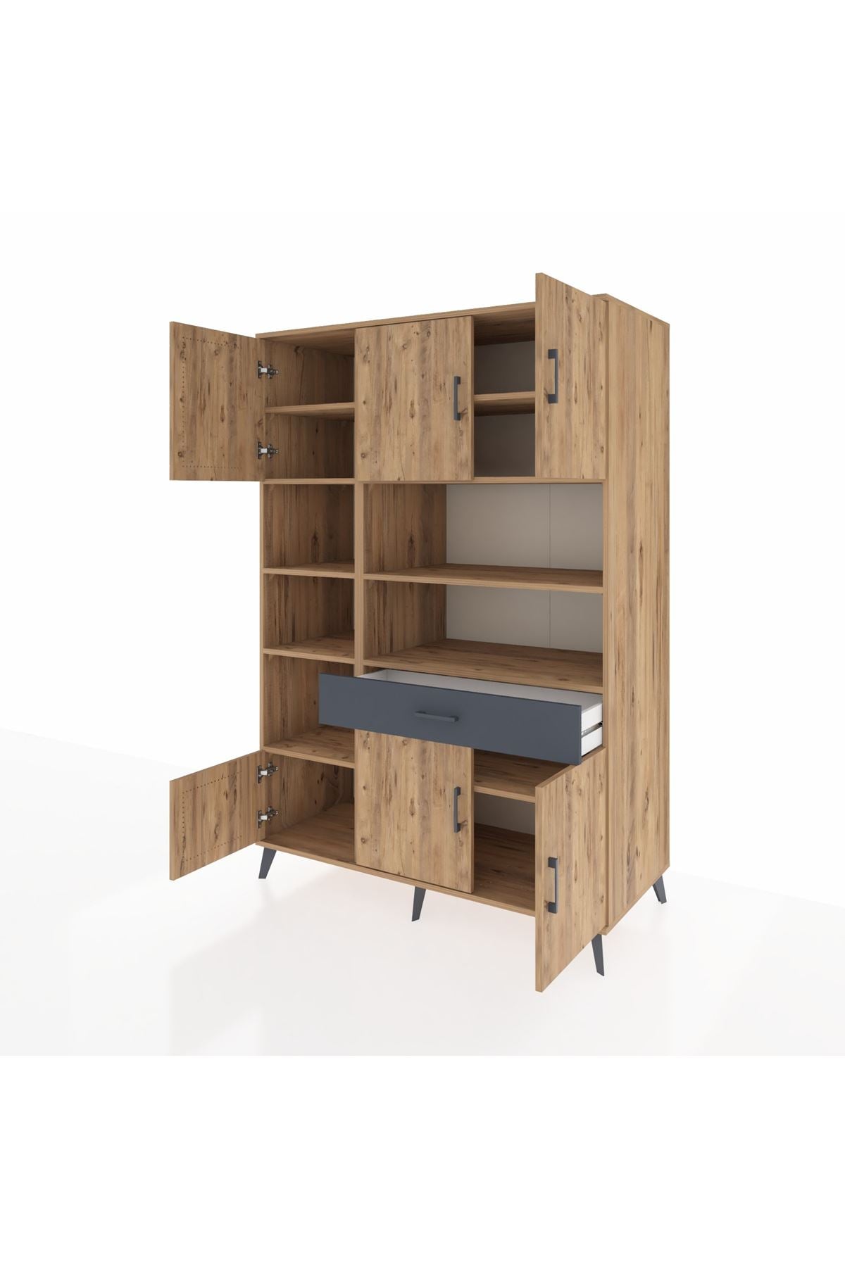 Kronos Dolap 10 Raflı Tek Çekmeceli 6 Kapaklı 132x59x195 Çam-Çam/Antrasit