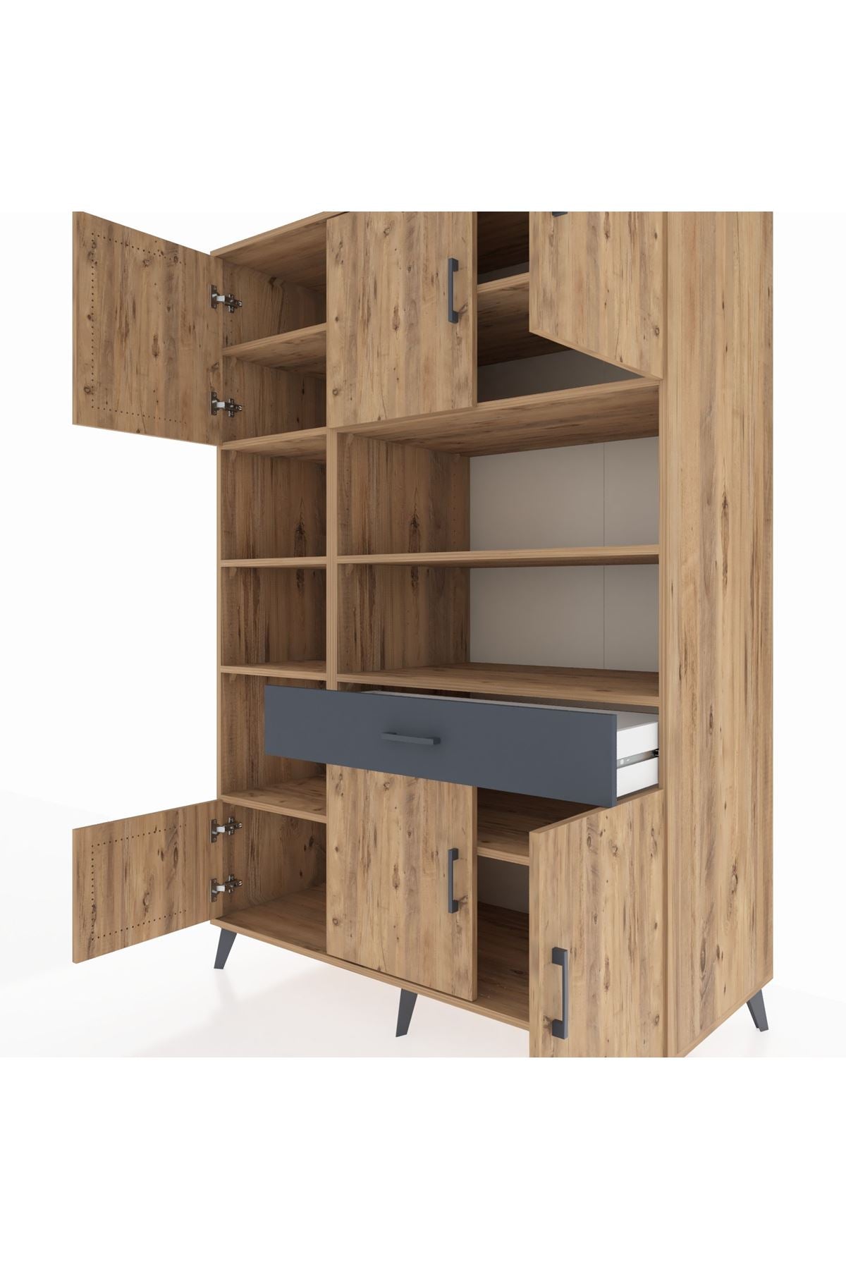 Kronos Dolap 10 Raflı Tek Çekmeceli 6 Kapaklı 132x59x195 Çam-Çam/Antrasit