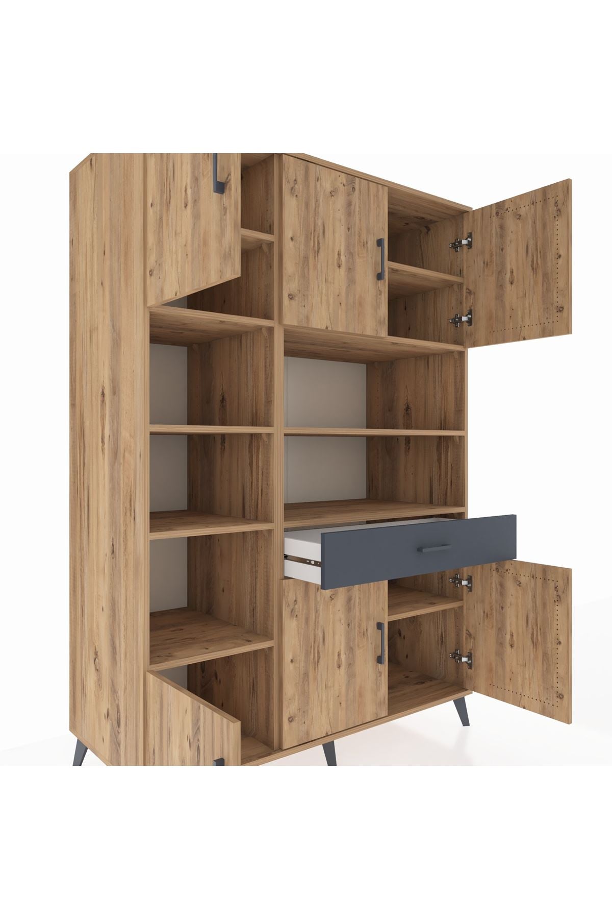 Kronos Dolap 10 Raflı Tek Çekmeceli 6 Kapaklı 132x59x195 Çam-Çam/Antrasit