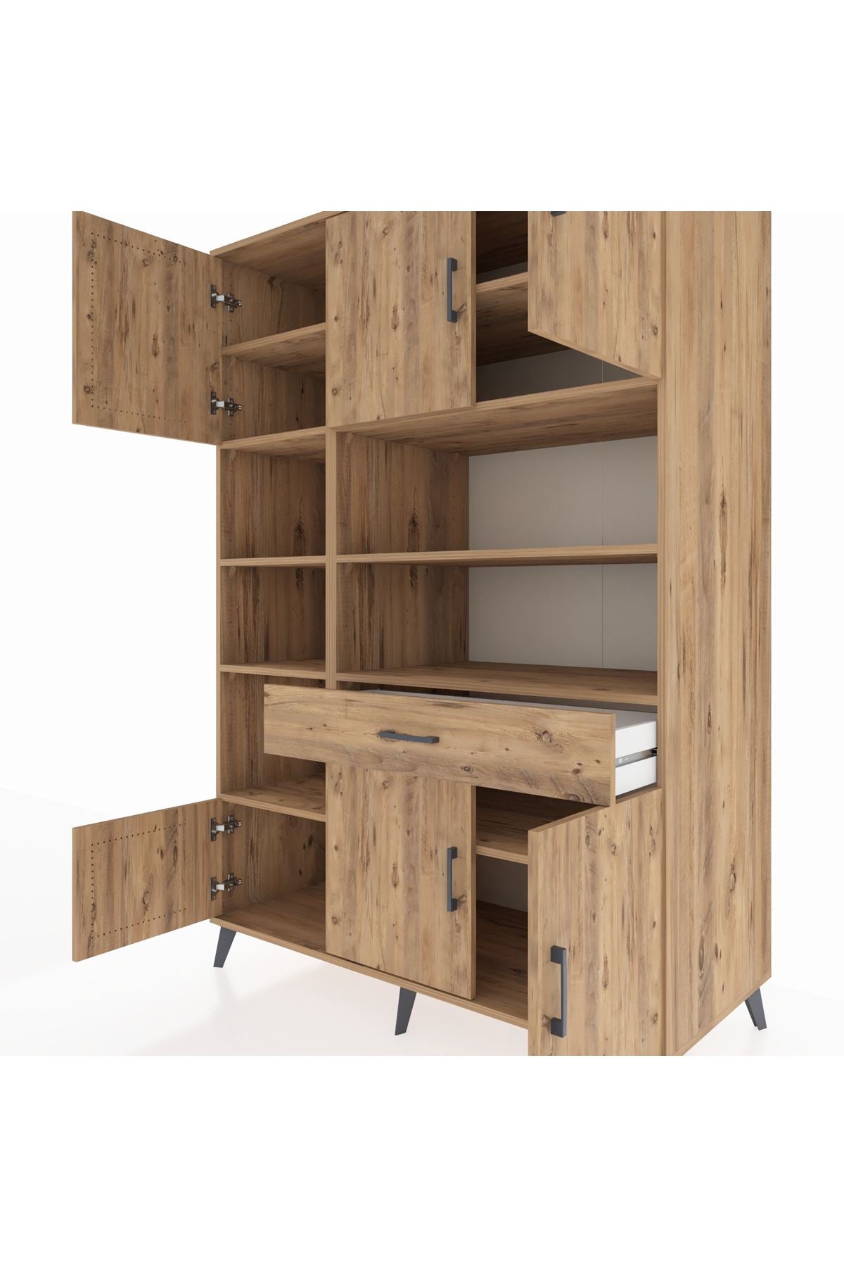 Kronos Dolap 10 Raflı Tek Çekmeceli 6 Kapaklı 132x59x195 Çam-Çam/Çam