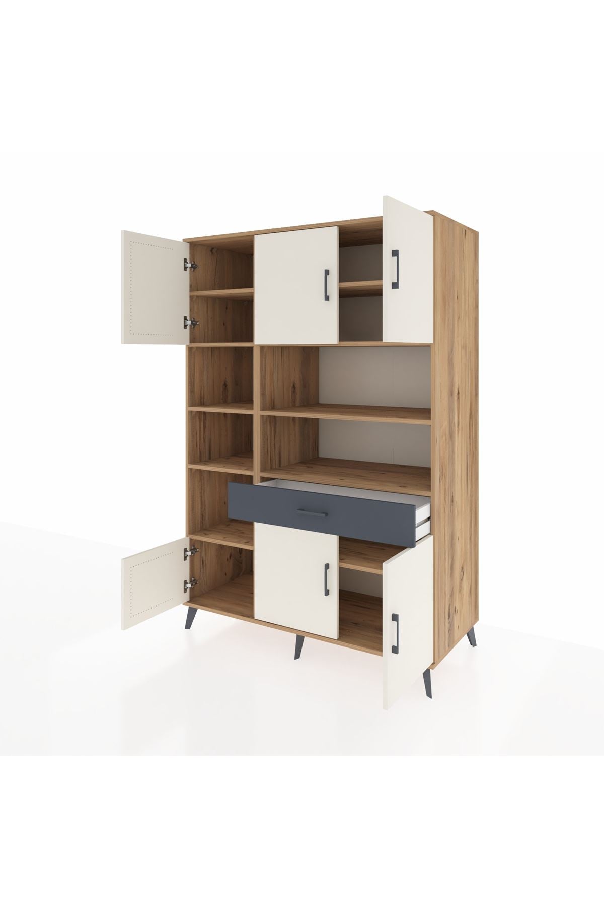 Kronos Dolap 10 Raflı Tek Çekmeceli 6 Kapaklı 132x59x195 Çam-Aytaşı/Antrasit