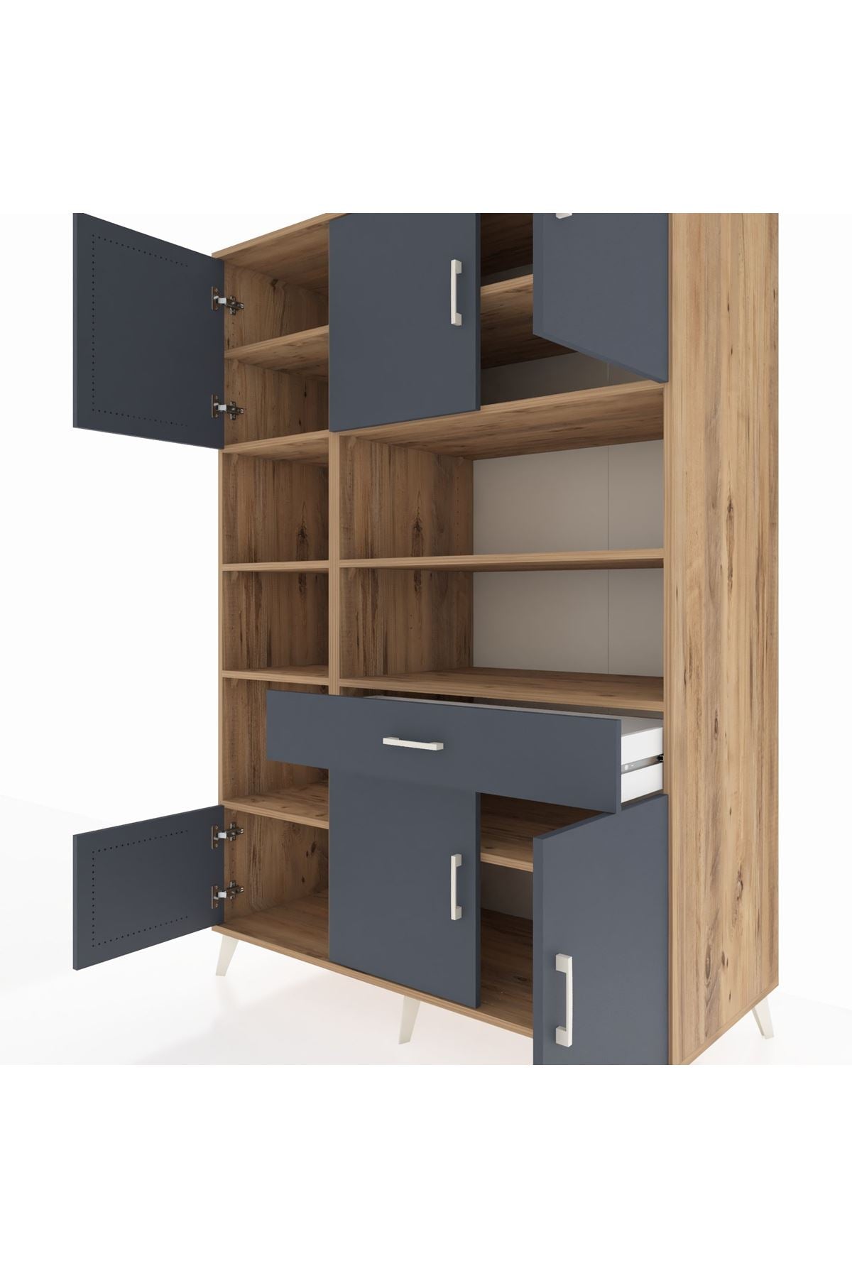 Kronos Dolap 10 Raflı Tek Çekmeceli 6 Kapaklı 132x59x195 Çam-Antrasit/Antrasit