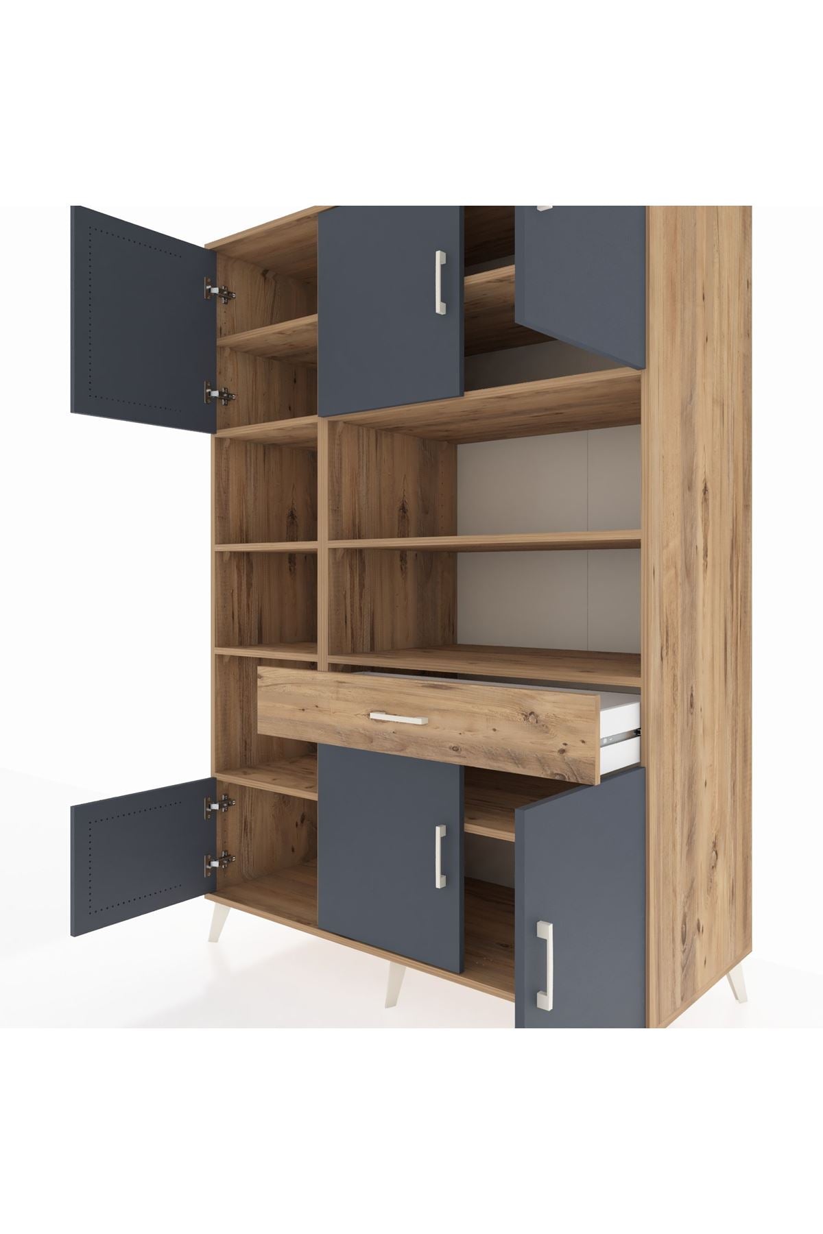 Kronos Dolap 10 Raflı Tek Çekmeceli 6 Kapaklı 132x59x195 Çam-Antrasit/Çam