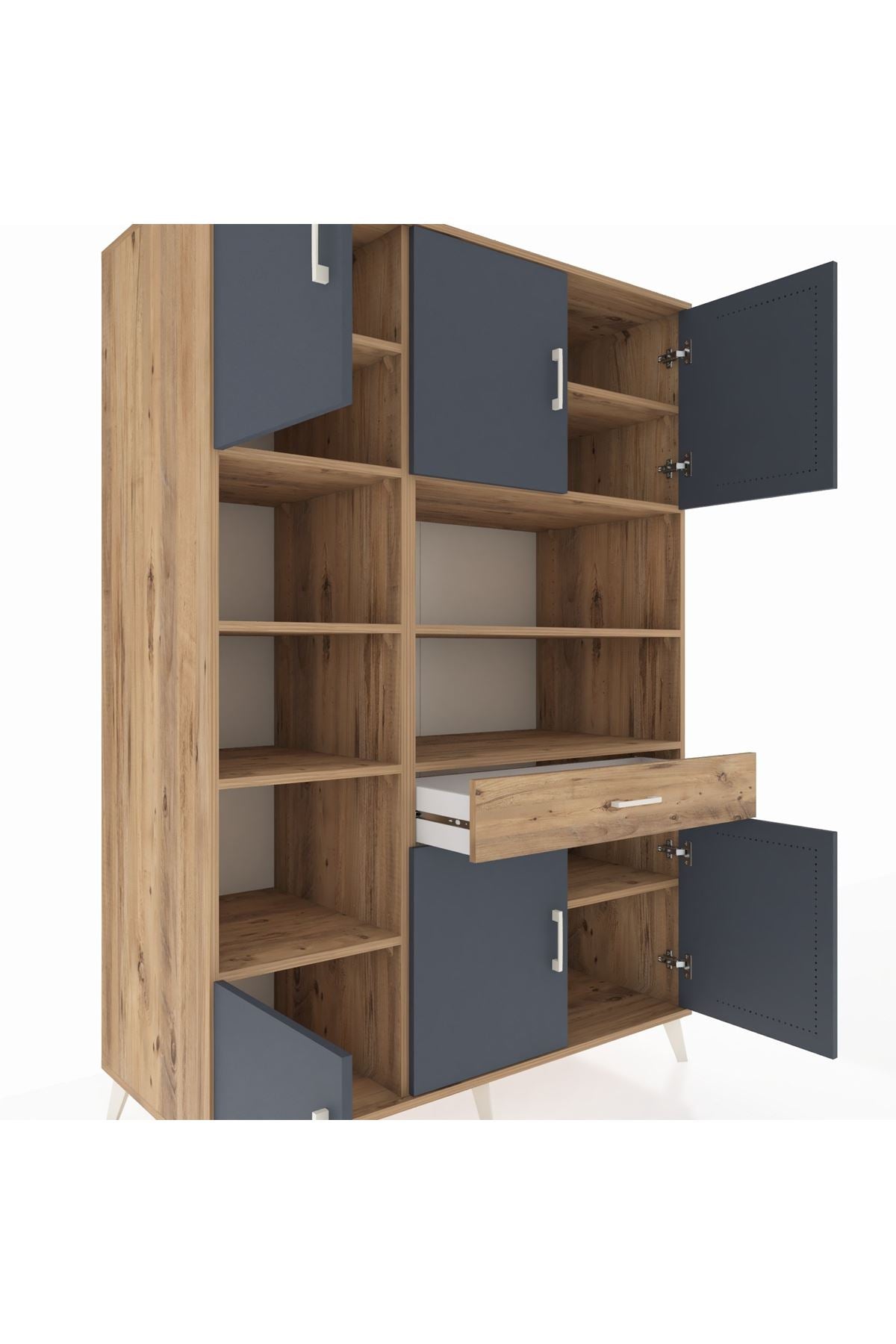 Kronos Dolap 10 Raflı Tek Çekmeceli 6 Kapaklı 132x59x195 Çam-Antrasit/Çam