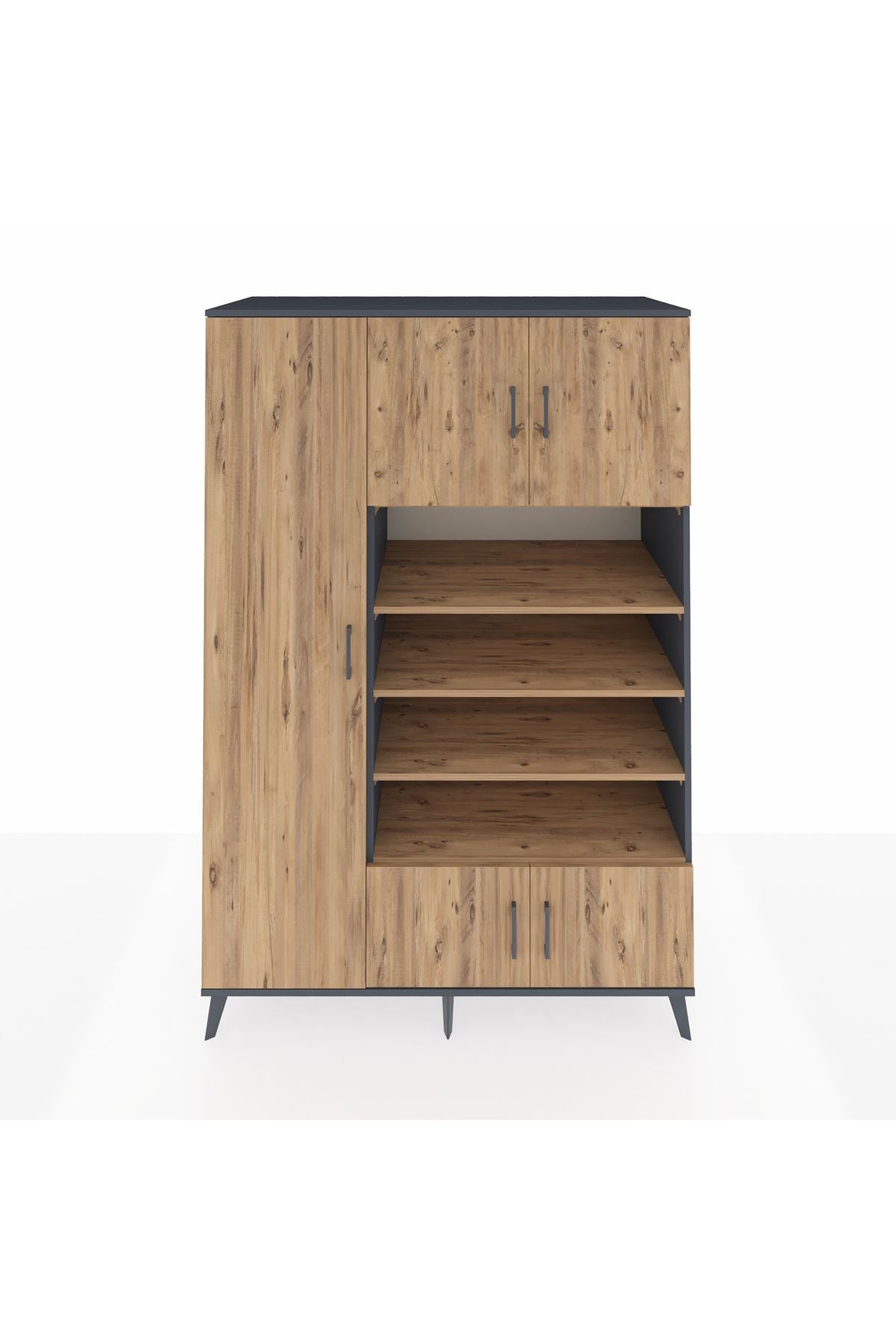 Kronos Dolap 10 Raflı 5 Kapaklı 132x59x195 Antrasit-Çam/Çam