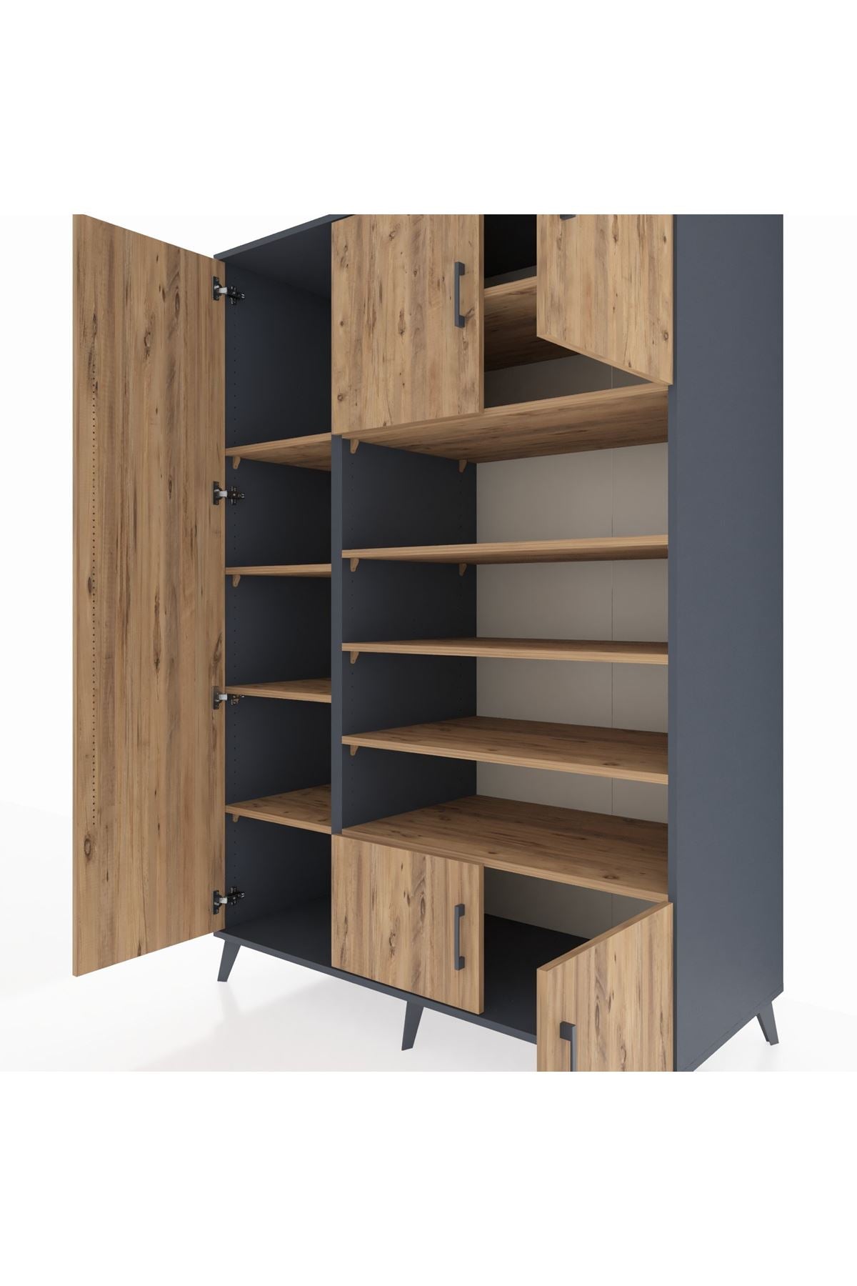 Kronos Dolap 10 Raflı 5 Kapaklı 132x59x195 Antrasit-Çam/Çam