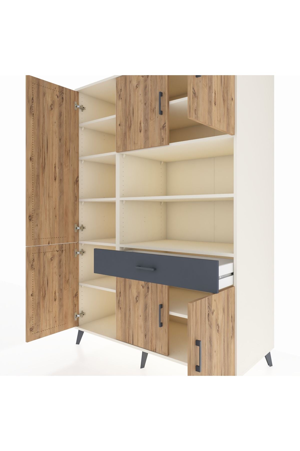 Kronos Dolap 10 Raflı Tek Çekmeceli 6 Kapaklı 132x59x195 Aytaşı-Çam/Antrasit