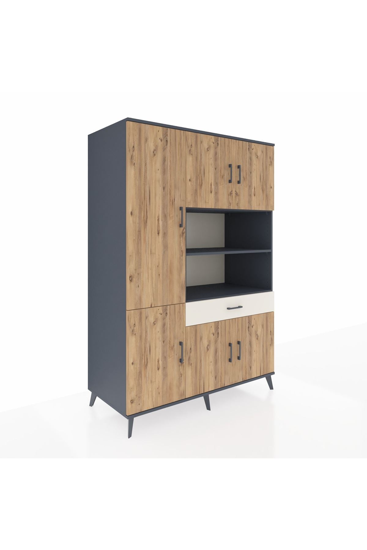 Kronos Dolap 10 Raflı Tek Çekmeceli 6 Kapaklı 132x59x195 Antrasit-Çam/Aytaşı