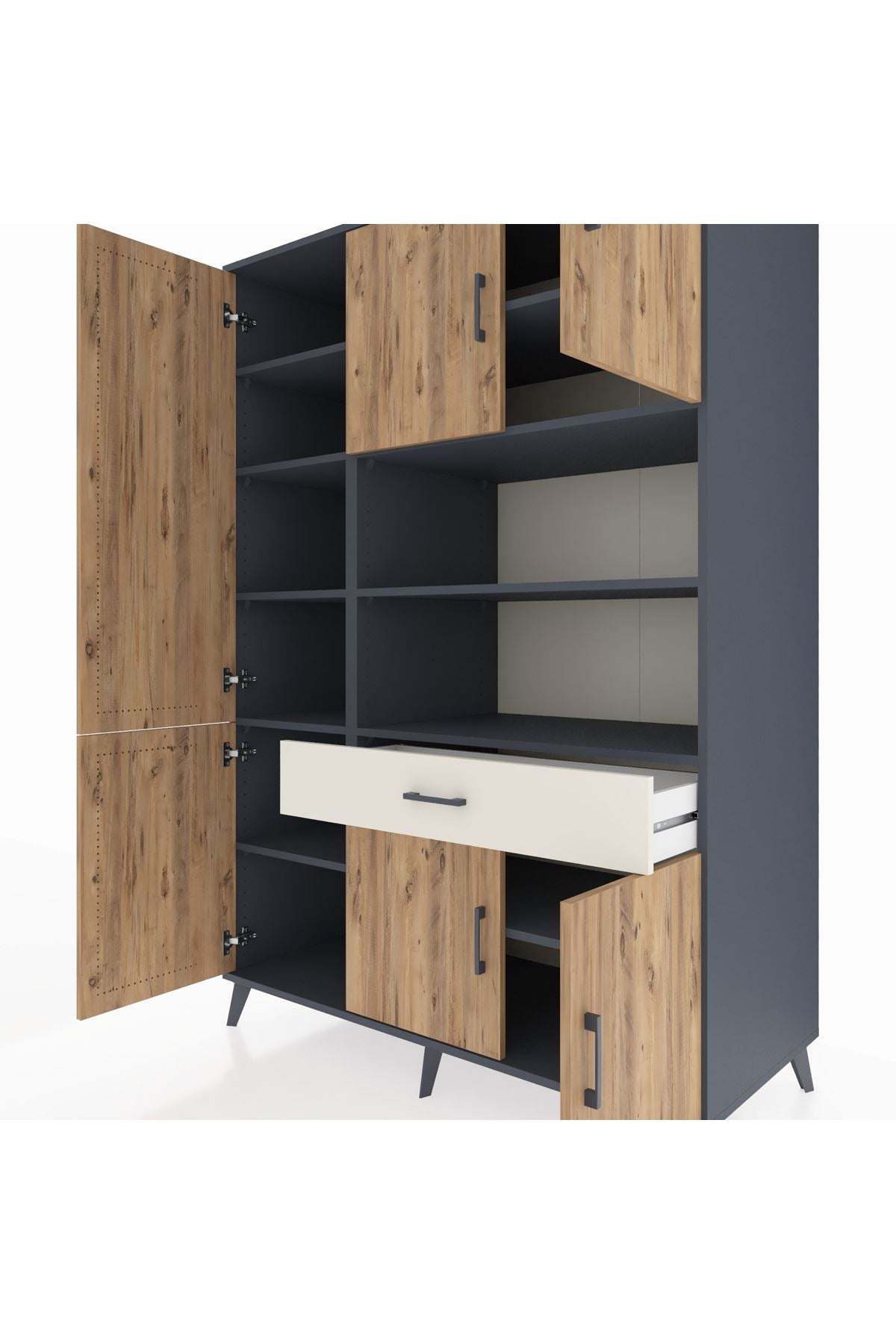 Kronos Dolap 10 Raflı Tek Çekmeceli 6 Kapaklı 132x59x195 Antrasit-Çam/Aytaşı