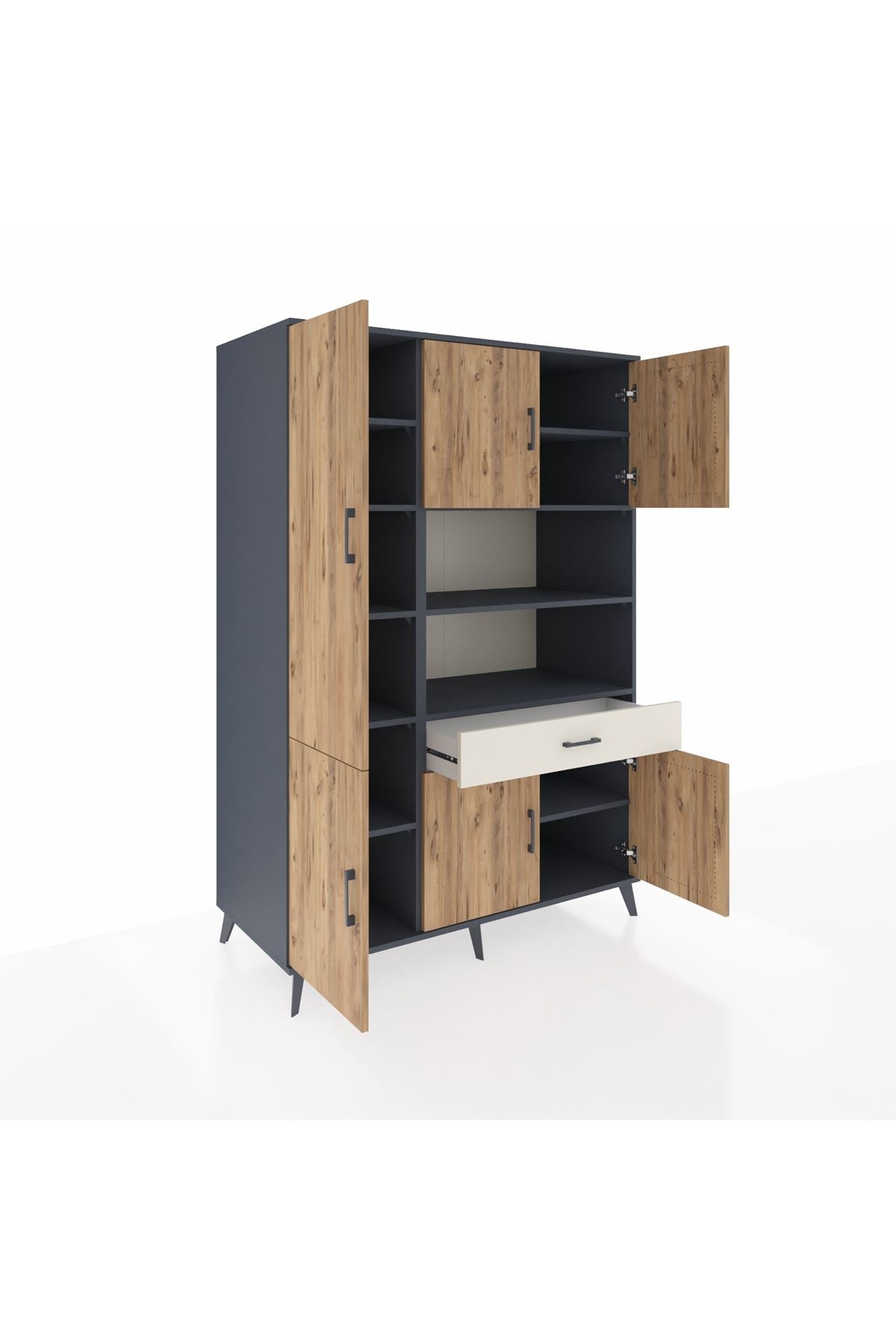 Kronos Dolap 10 Raflı Tek Çekmeceli 6 Kapaklı 132x59x195 Antrasit-Çam/Aytaşı