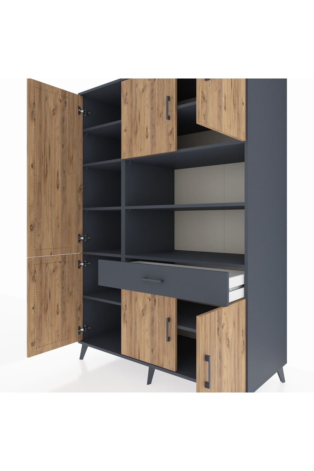 Kronos Dolap 10 Raflı Tek Çekmeceli 6 Kapaklı 132x59x195 Antrasit-Çam/Antrasit