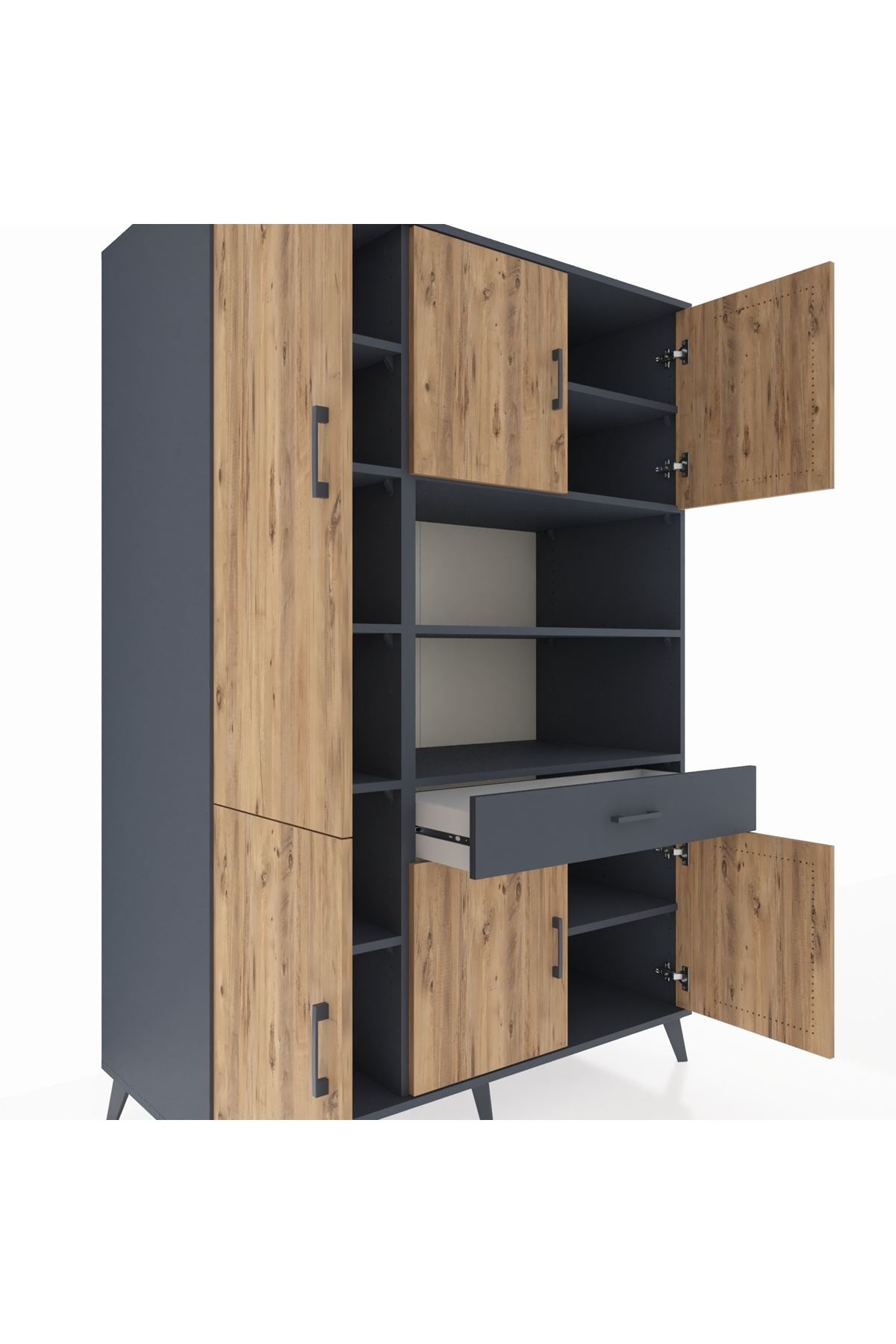 Kronos Dolap 10 Raflı Tek Çekmeceli 6 Kapaklı 132x59x195 Antrasit-Çam/Antrasit