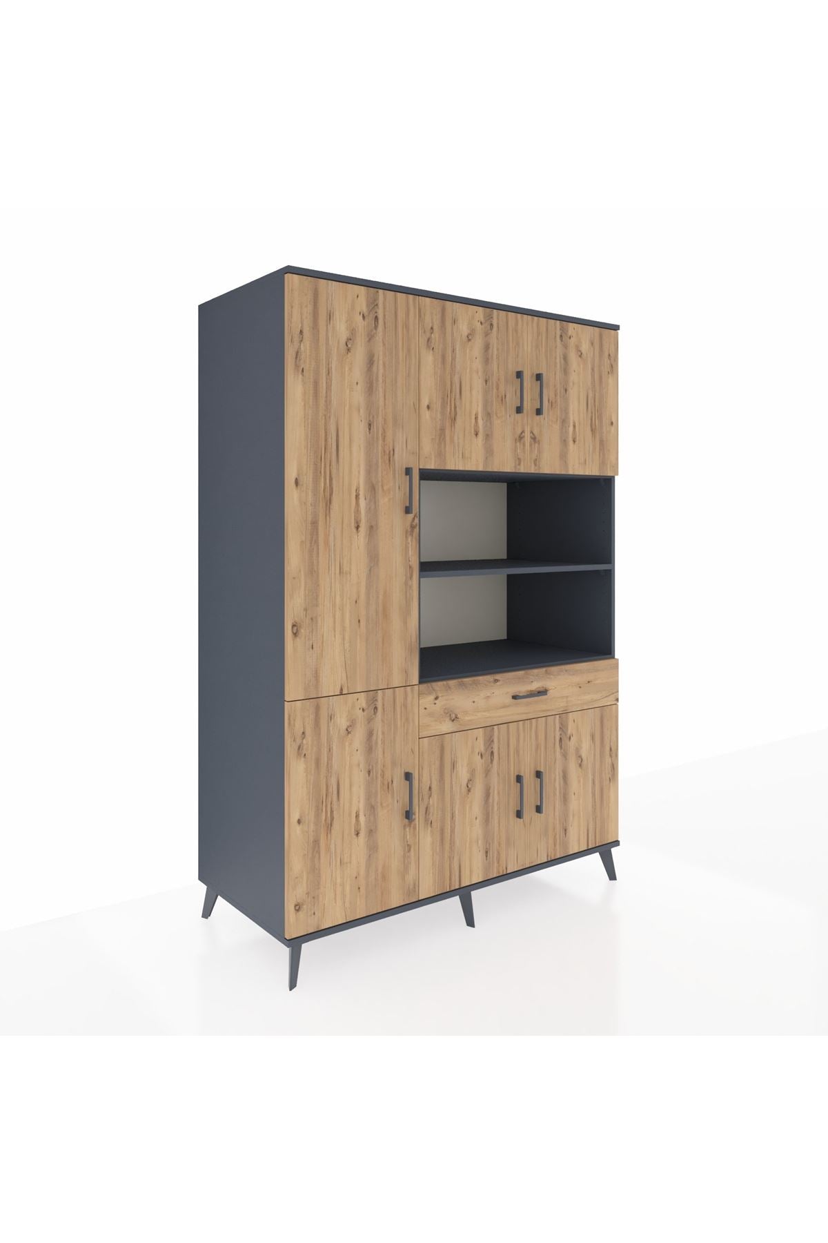 Kronos Dolap 10 Raflı Tek Çekmeceli 6 Kapaklı 132x59x195 Antrasit-Çam/Çam