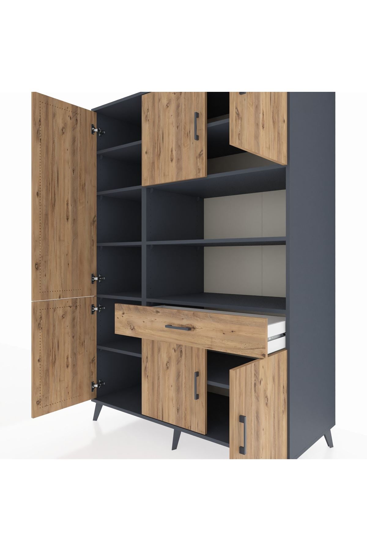 Kronos Dolap 10 Raflı Tek Çekmeceli 6 Kapaklı 132x59x195 Antrasit-Çam/Çam