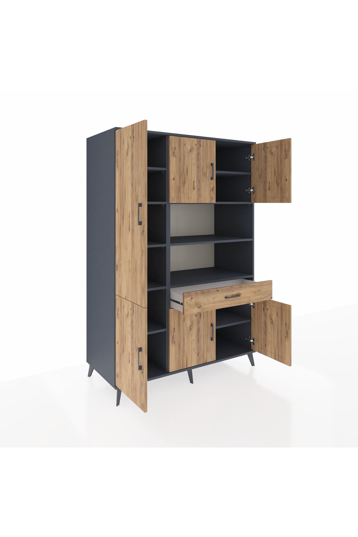 Kronos Dolap 10 Raflı Tek Çekmeceli 6 Kapaklı 132x59x195 Antrasit-Çam/Çam