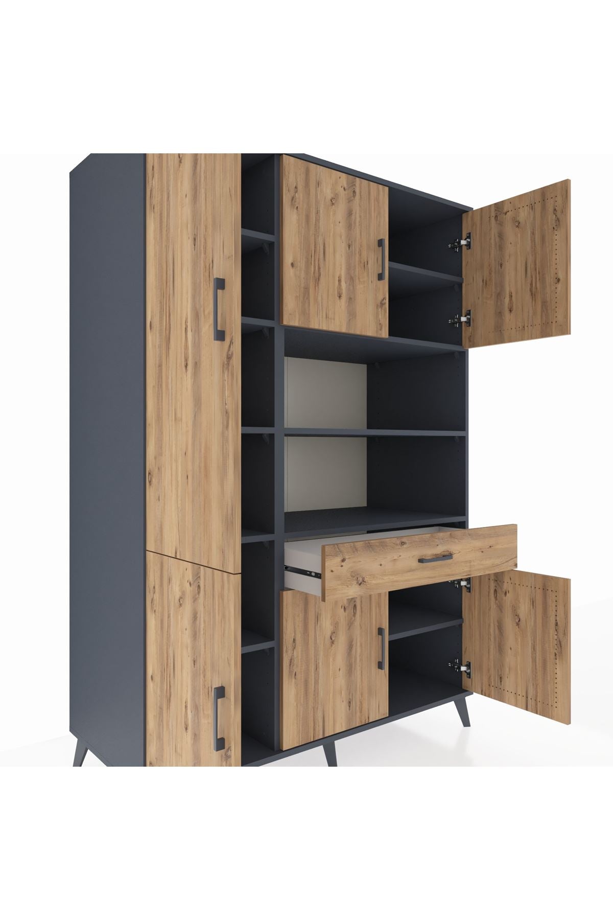 Kronos Dolap 10 Raflı Tek Çekmeceli 6 Kapaklı 132x59x195 Antrasit-Çam/Çam