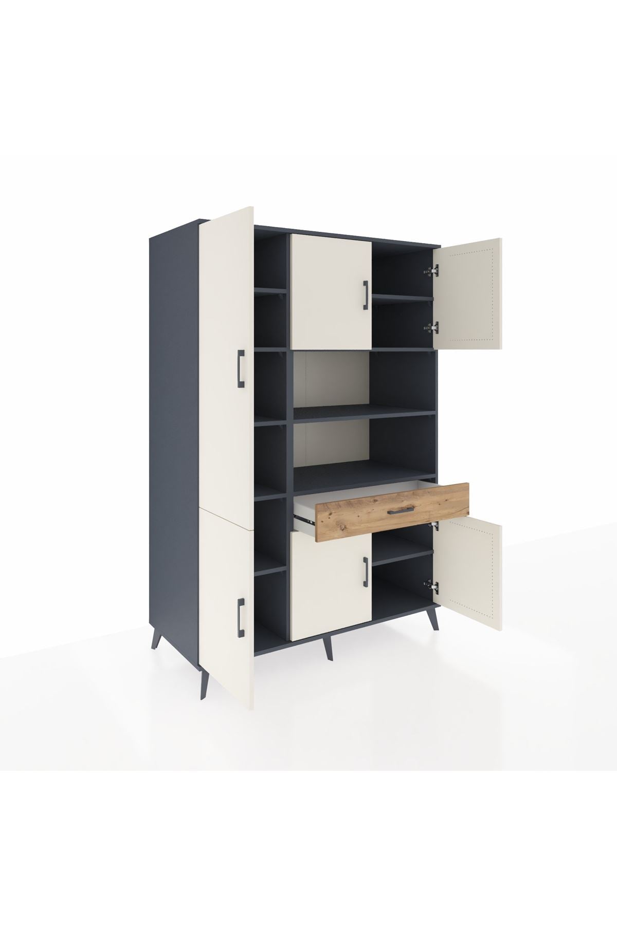 Kronos Dolap 10 Raflı Tek Çekmeceli 6 Kapaklı 132x59x195 Antrasit-Aytaşı/Çam